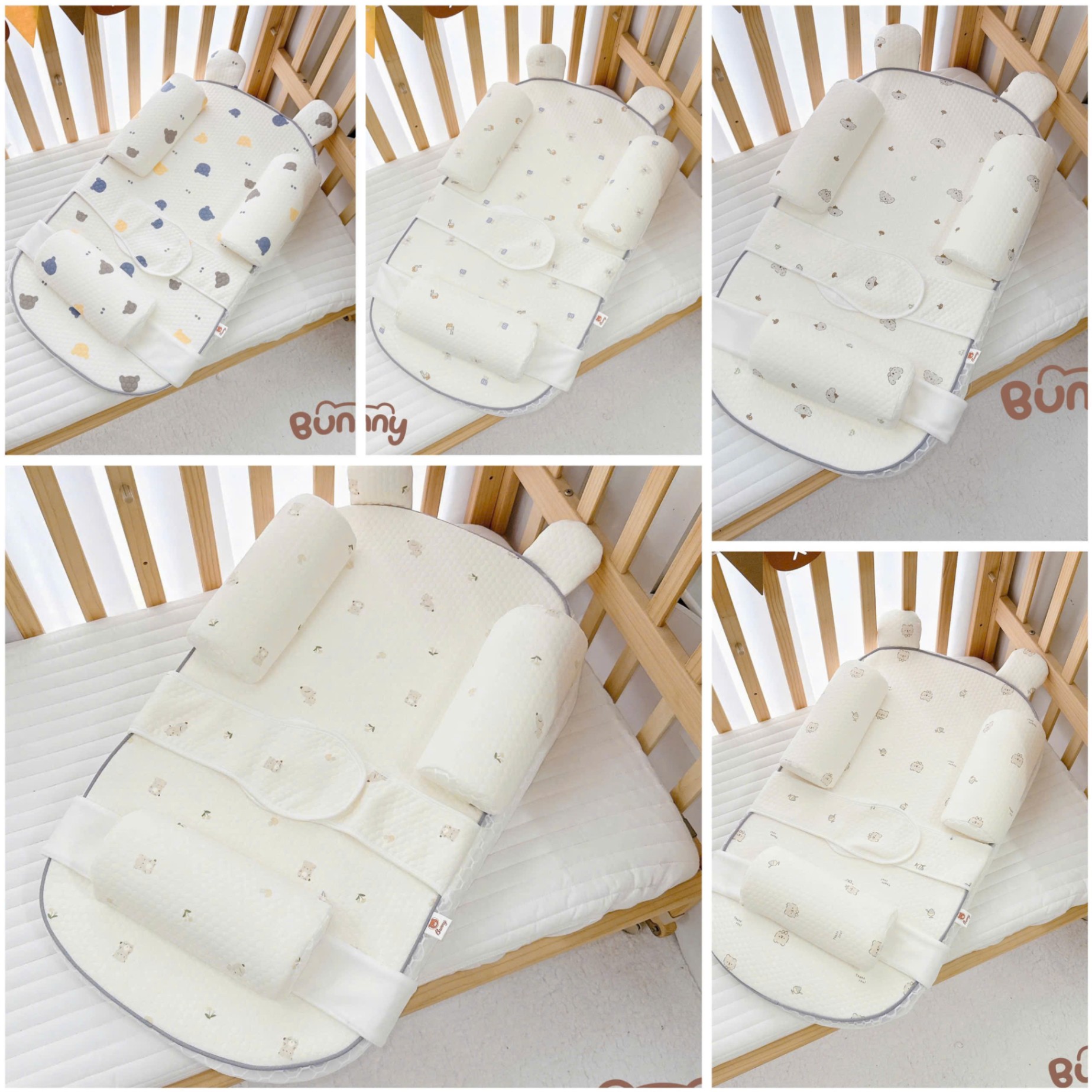 Đệm gối chống trào ngược cao cấp Bunny kèm gối chặn, đai giữ bé, gối gác chân hỗ trợ bé nằm đúng tư thế