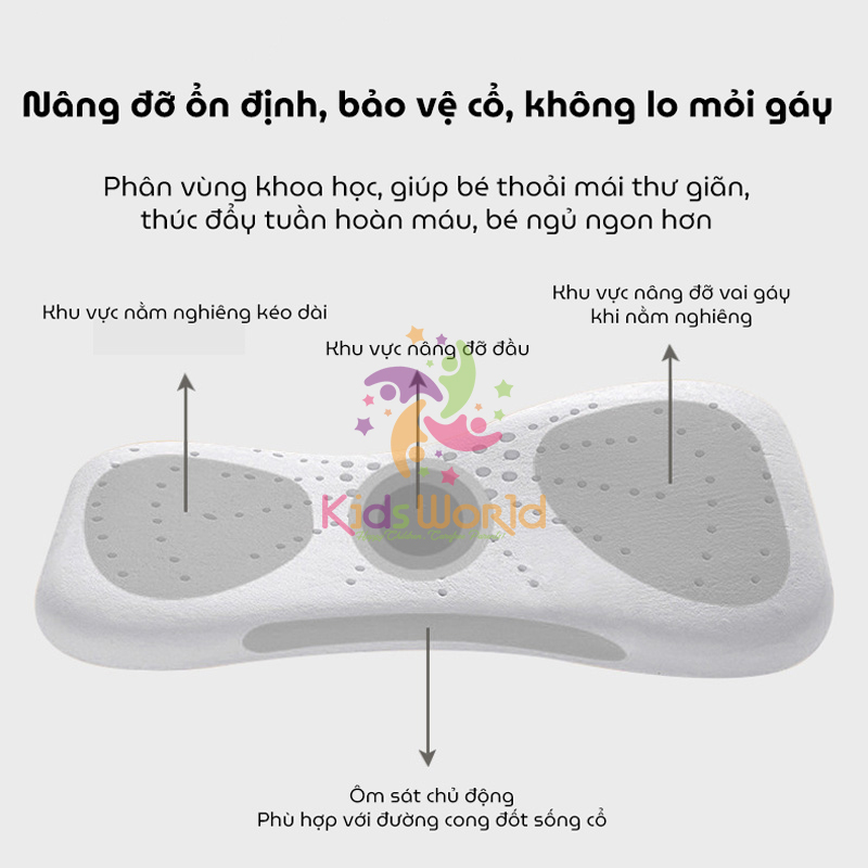 Gối cao su non cho bé từ 1 đến 12 tuổi KidsWorld ZT161 với 2 lõi tùy chỉnh độ cao mềm mại chống lệch xương cổ, mỏi vai gáy