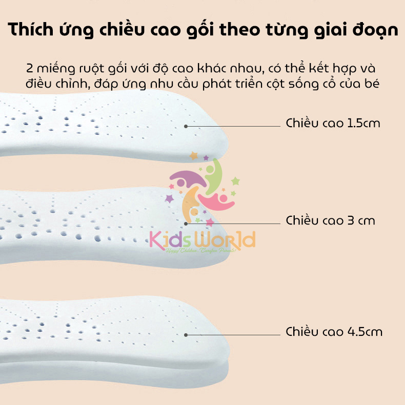 Gối cao su non cho bé từ 1 đến 12 tuổi KidsWorld ZT161 với 2 lõi tùy chỉnh độ cao mềm mại chống lệch xương cổ, mỏi vai gáy