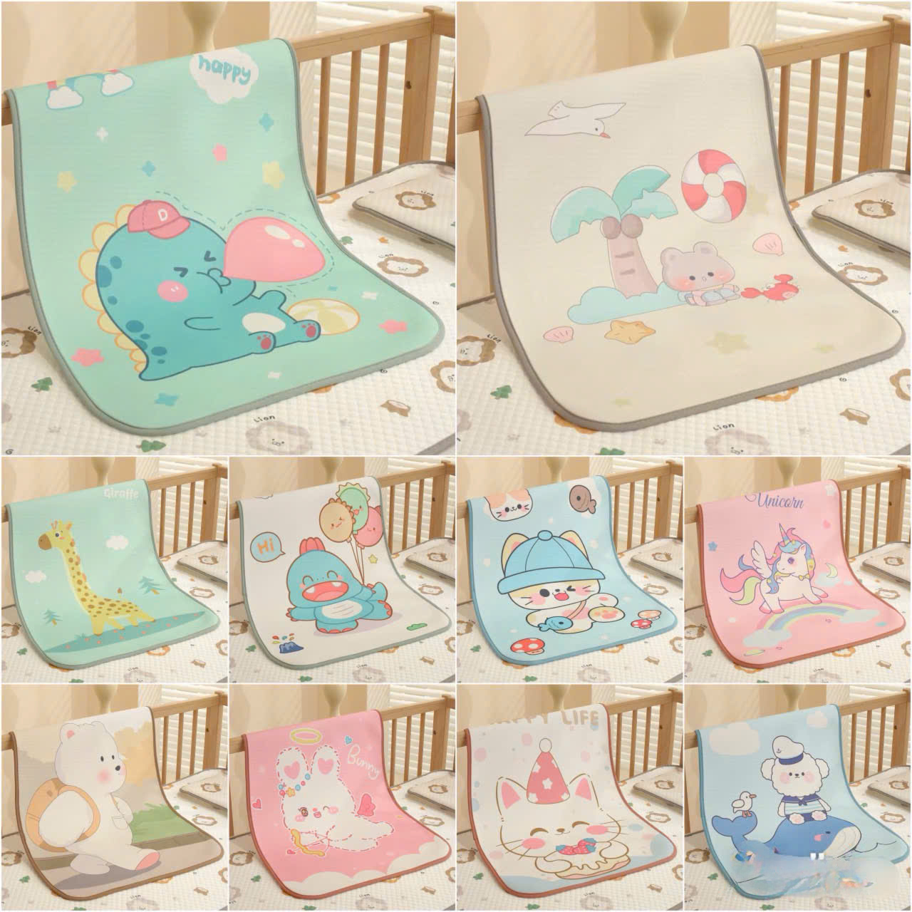 Tấm lót chống thấm cho bé sơ sinh KidsWorld họa tiết hình thú cotton mềm mại thấm hút tốt thoáng khí 50x70cm