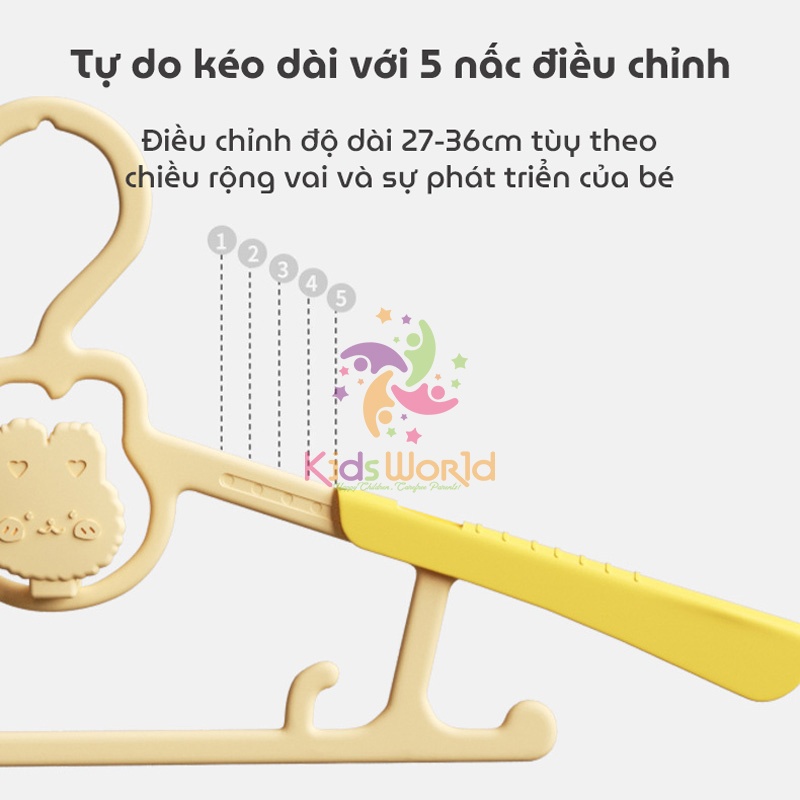 Móc treo quần áo cho bé hình thỏ KidsWorld có thể thu gọn, điều chỉnh 5 kích thước chống trượt, siêu bền có thể xếp chồng lên nhau