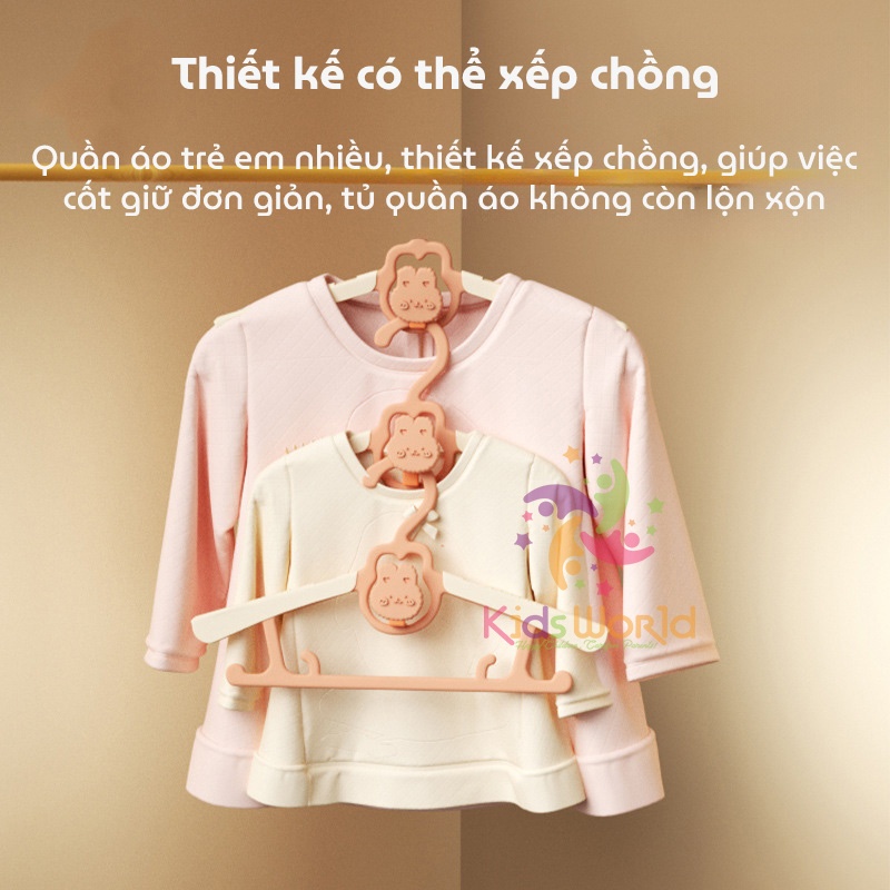 Móc treo quần áo cho bé hình thỏ KidsWorld có thể thu gọn, điều chỉnh 5 kích thước chống trượt, siêu bền có thể xếp chồng lên nhau
