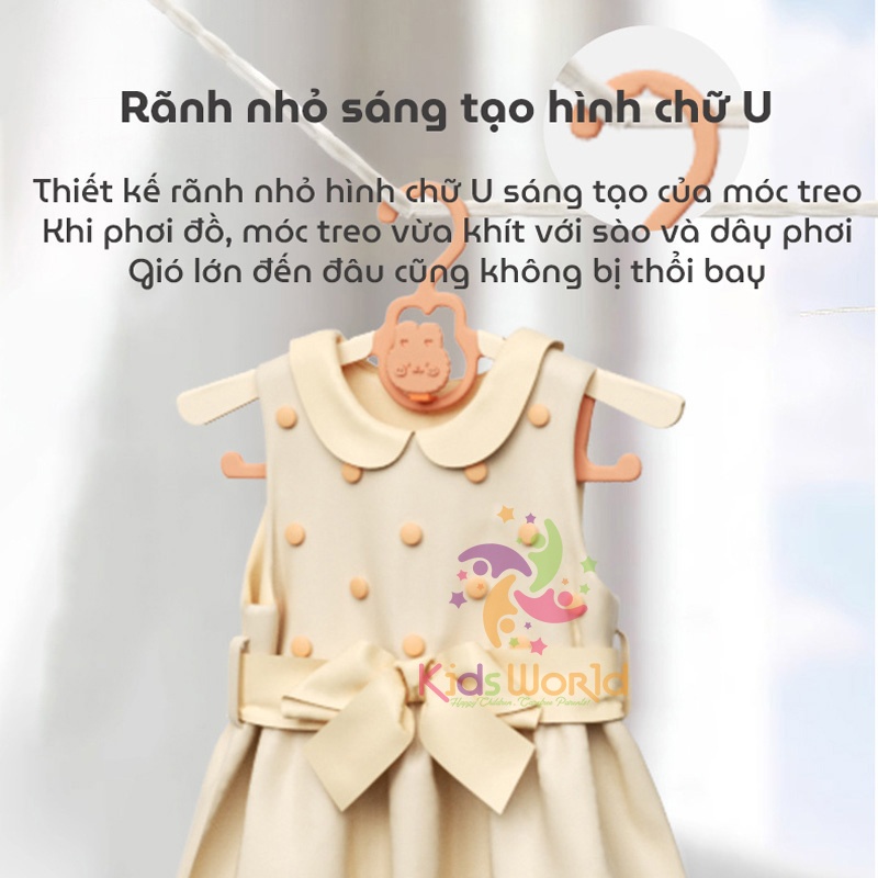 Móc treo quần áo cho bé hình thỏ KidsWorld có thể thu gọn, điều chỉnh 5 kích thước chống trượt, siêu bền có thể xếp chồng lên nhau