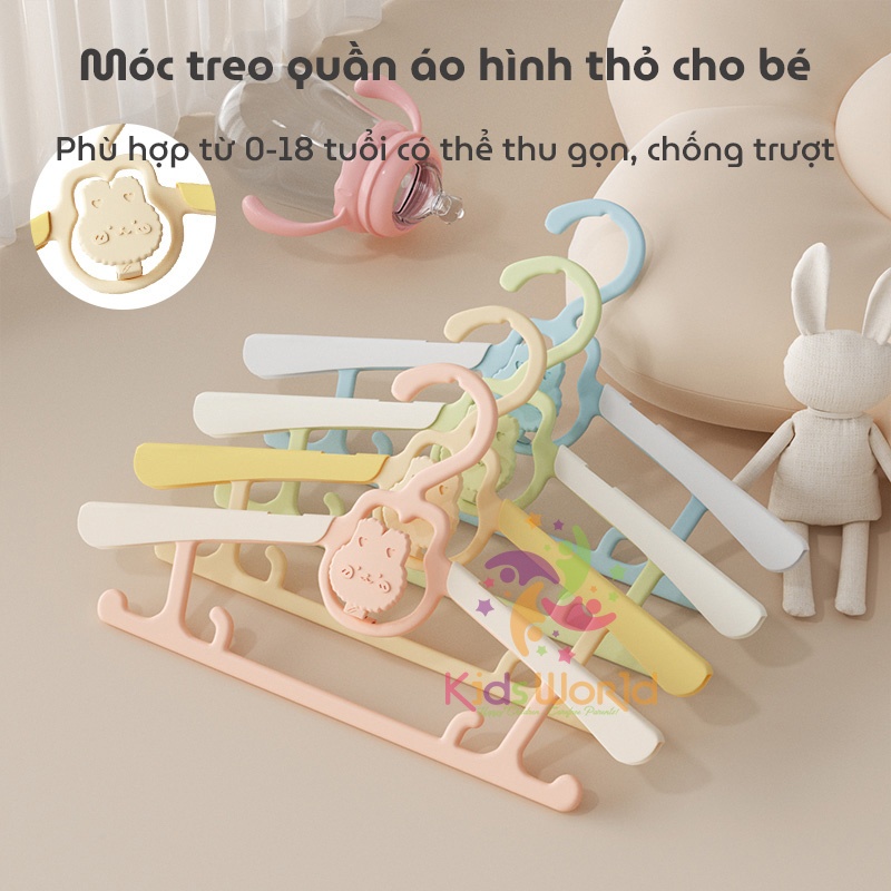 Móc treo quần áo cho bé hình thỏ KidsWorld có thể thu gọn, điều chỉnh 5 kích thước chống trượt, siêu bền có thể xếp chồng lên nhau