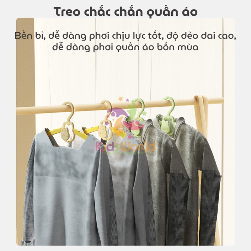 Móc treo quần áo cho bé hình thỏ KidsWorld có thể thu gọn, điều chỉnh 5 kích thước chống trượt, siêu bền có thể xếp chồng lên nhau