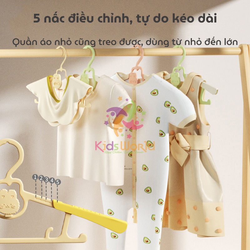 Móc treo quần áo cho bé hình thỏ KidsWorld có thể thu gọn, điều chỉnh 5 kích thước chống trượt, siêu bền có thể xếp chồng lên nhau