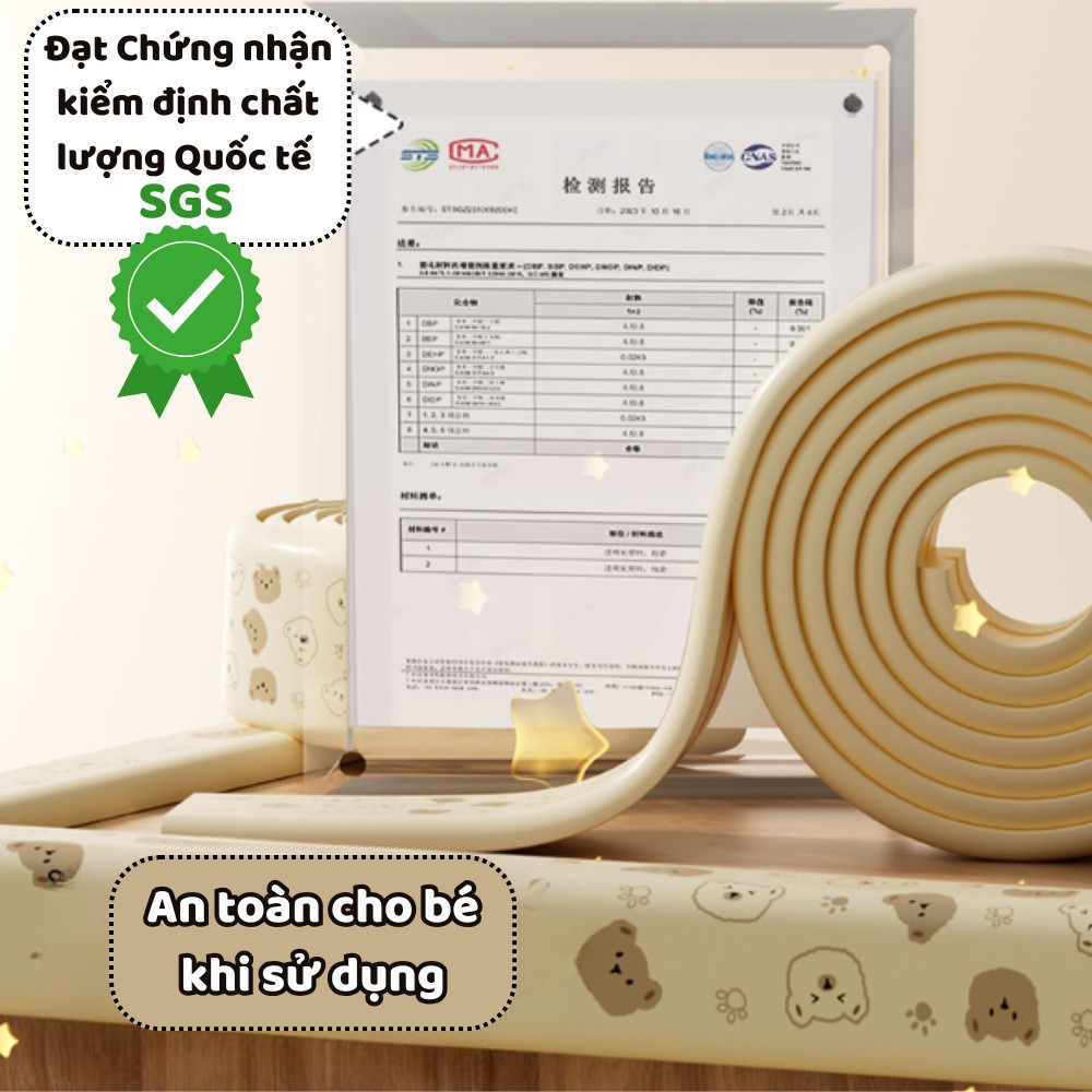 Dải bảo vệ chống va chạm cho bé hình gấu, đệm chống va đập tư dính 2m, xốp bọc cạnh bàn, đầu giường an toàn cho bé
