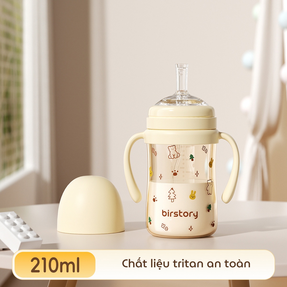 Bình tập uống nước cho bé Birstory 210ml, 280ml ống hút silicon chống sặc cho bé tập hút tập uống an toàn
