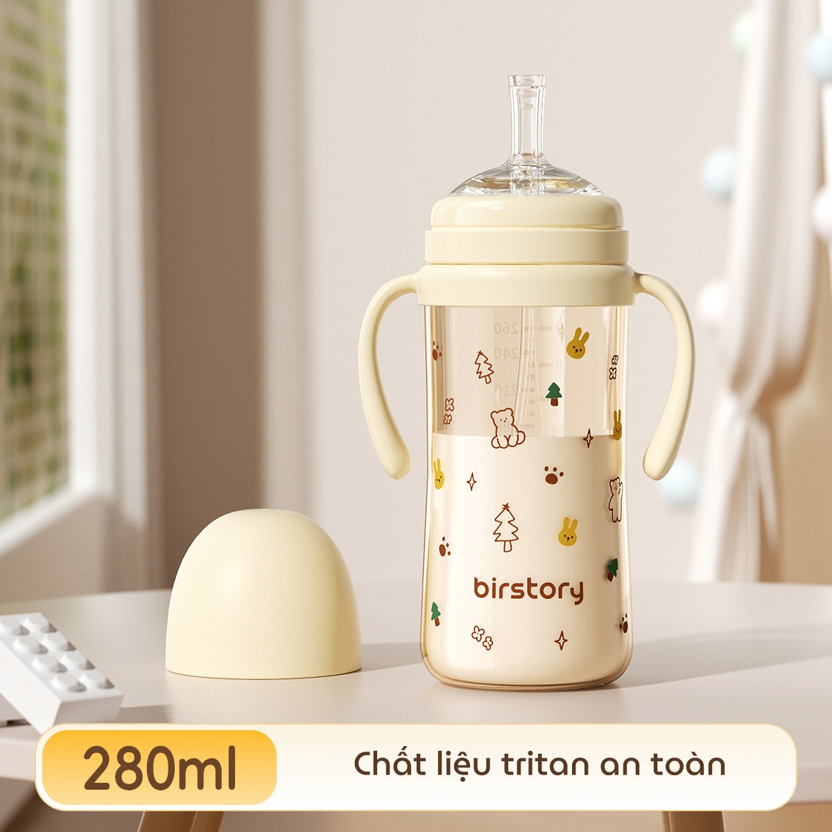 Bình tập uống nước cho bé Birstory 210ml, 280ml ống hút silicon chống sặc cho bé tập hút tập uống an toàn