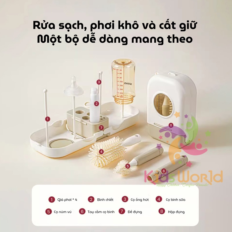 Hộp cọ rửa vệ sinh bình sữa 6 chi tiết KidsWorld hình tàu vũ trụ chất liệu silicon mềm mại cao cấp