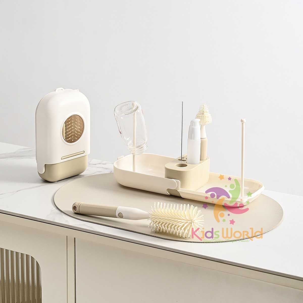Hộp cọ rửa vệ sinh bình sữa 6 chi tiết KidsWorld hình tàu vũ trụ chất liệu silicon mềm mại cao cấp