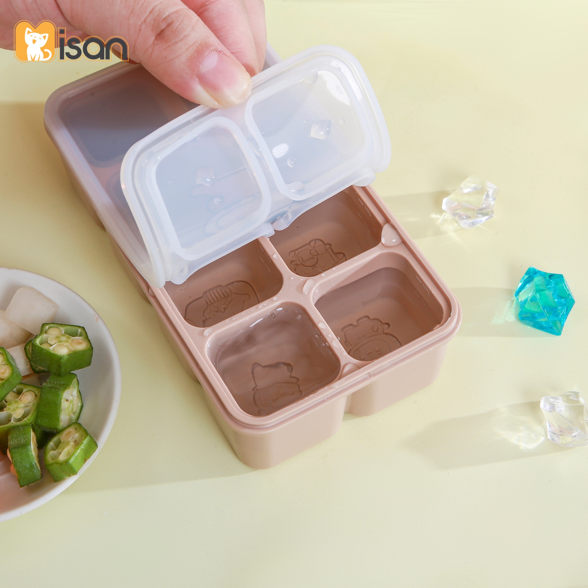 Khay trữ đông đồ ăn dặm silicon Misan Cube 8 ô cho bé có nắp đậy, Hộp trữ đông đồ ăn dặm silicon Misan có vạch chia ml