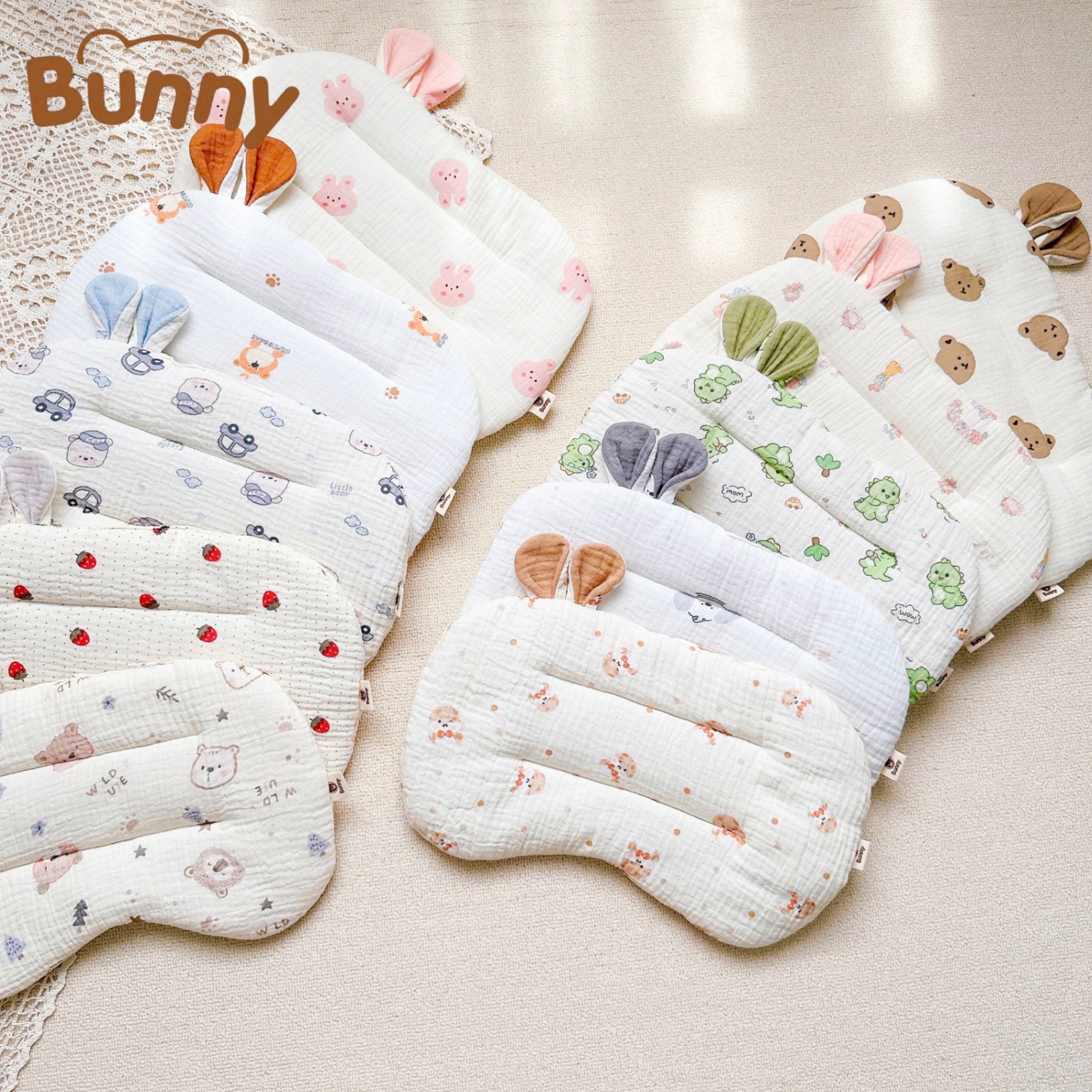 Gối lót đầu cho bé sơ sinh tai thỏ Bunny xô Muslin trần bông mỏng thấm hút mồ hôi đầu giúp bé ngủ ngon ngủ sâu giấc hơn