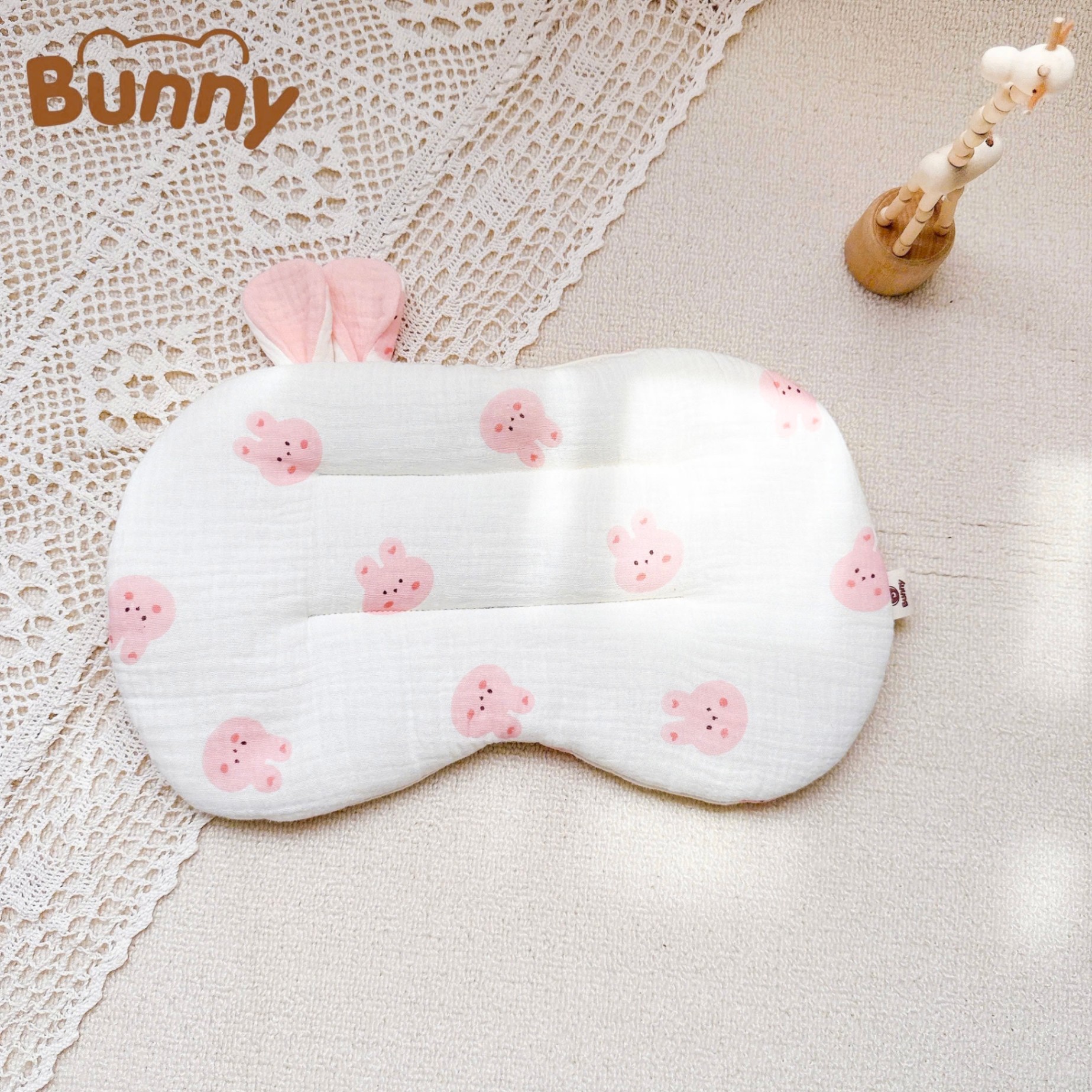 Gối lót đầu cho bé sơ sinh tai thỏ Bunny xô Muslin trần bông mỏng thấm hút mồ hôi đầu giúp bé ngủ ngon ngủ sâu giấc hơn