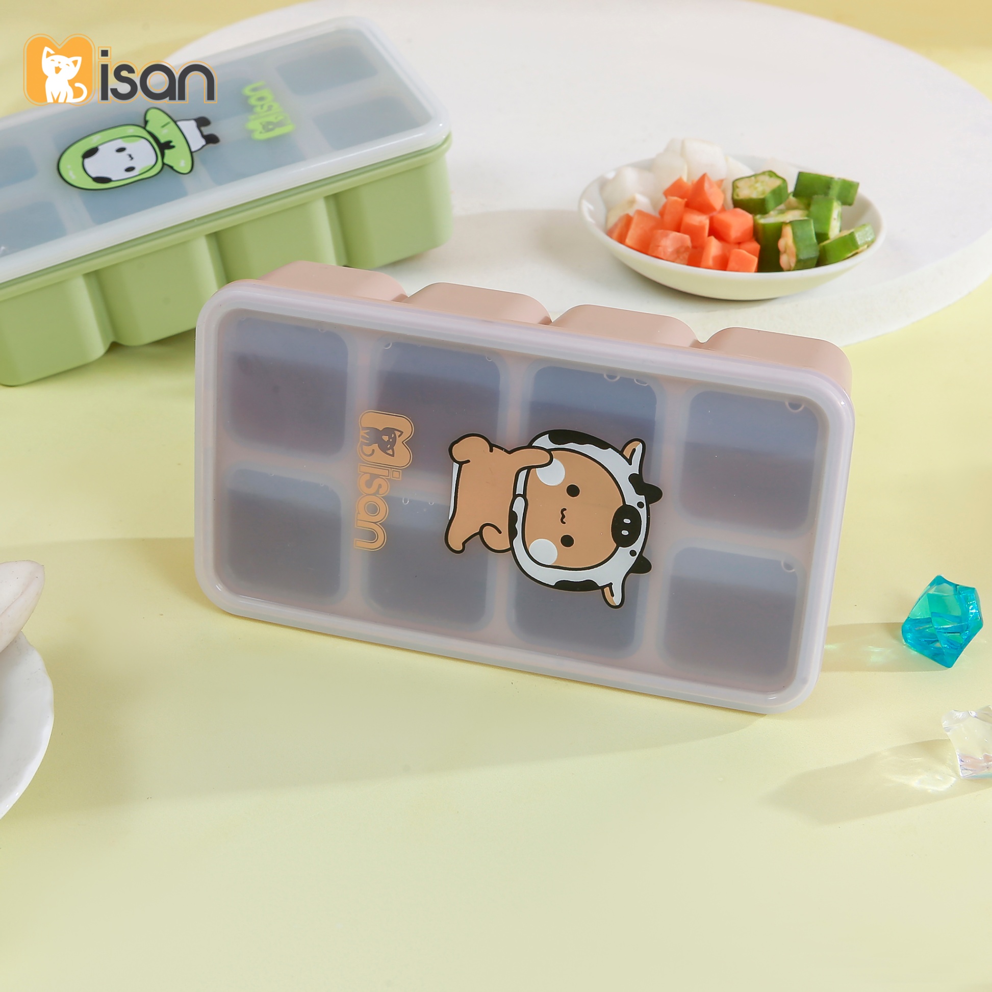 Khay trữ đông đồ ăn dặm silicon Misan Cube 8 ô cho bé có nắp đậy, Hộp trữ đông đồ ăn dặm silicon Misan có vạch chia ml