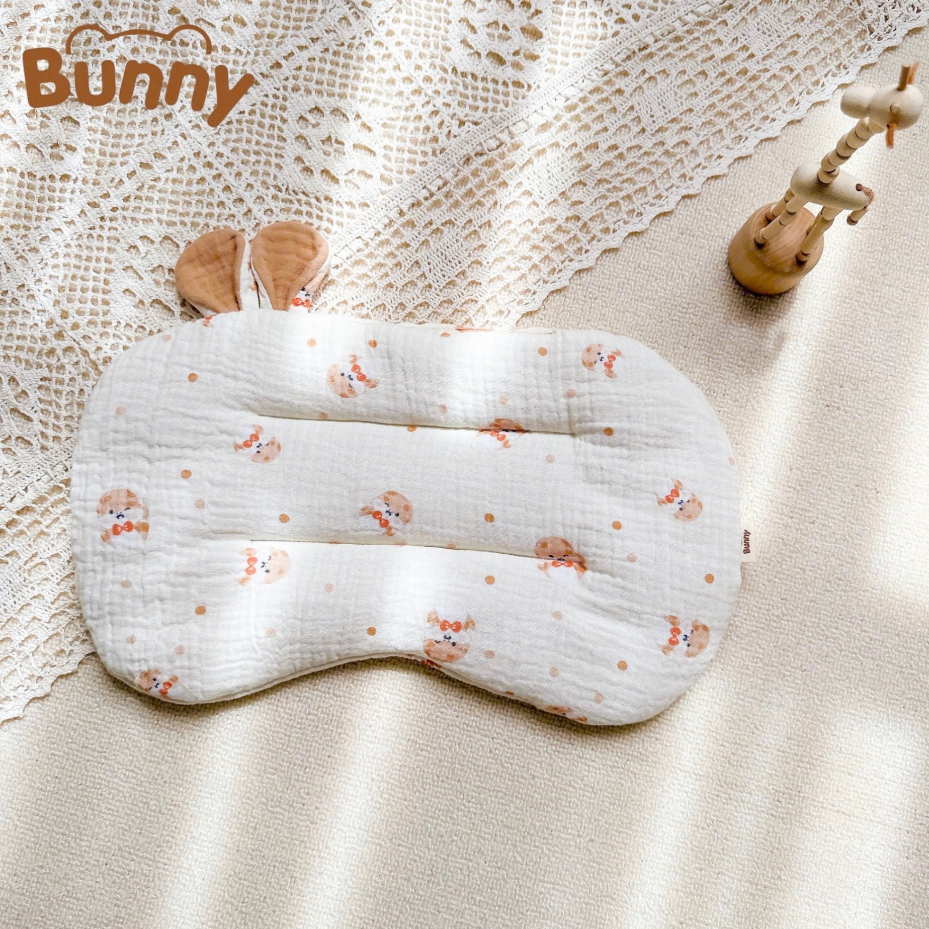 Gối lót đầu cho bé sơ sinh tai thỏ Bunny xô Muslin trần bông mỏng thấm hút mồ hôi đầu giúp bé ngủ ngon ngủ sâu giấc hơn