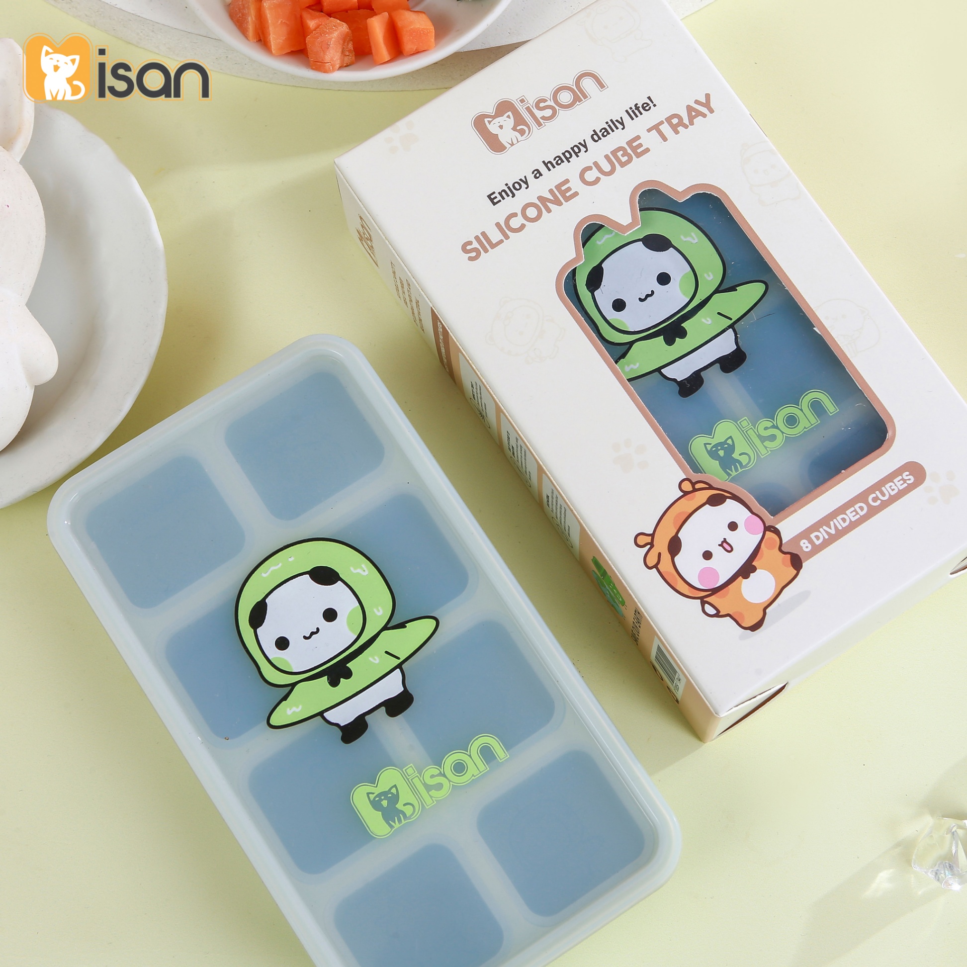 Khay trữ đông đồ ăn dặm silicon Misan Cube 8 ô cho bé có nắp đậy, Hộp trữ đông đồ ăn dặm silicon Misan có vạch chia ml