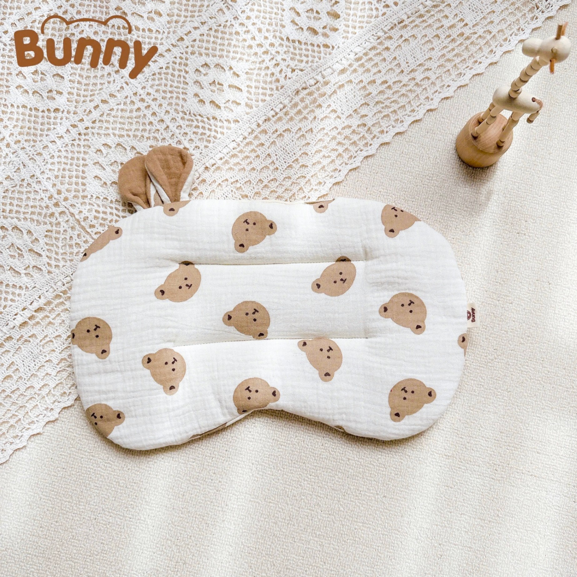 Gối lót đầu cho bé sơ sinh tai thỏ Bunny xô Muslin trần bông mỏng thấm hút mồ hôi đầu giúp bé ngủ ngon ngủ sâu giấc hơn