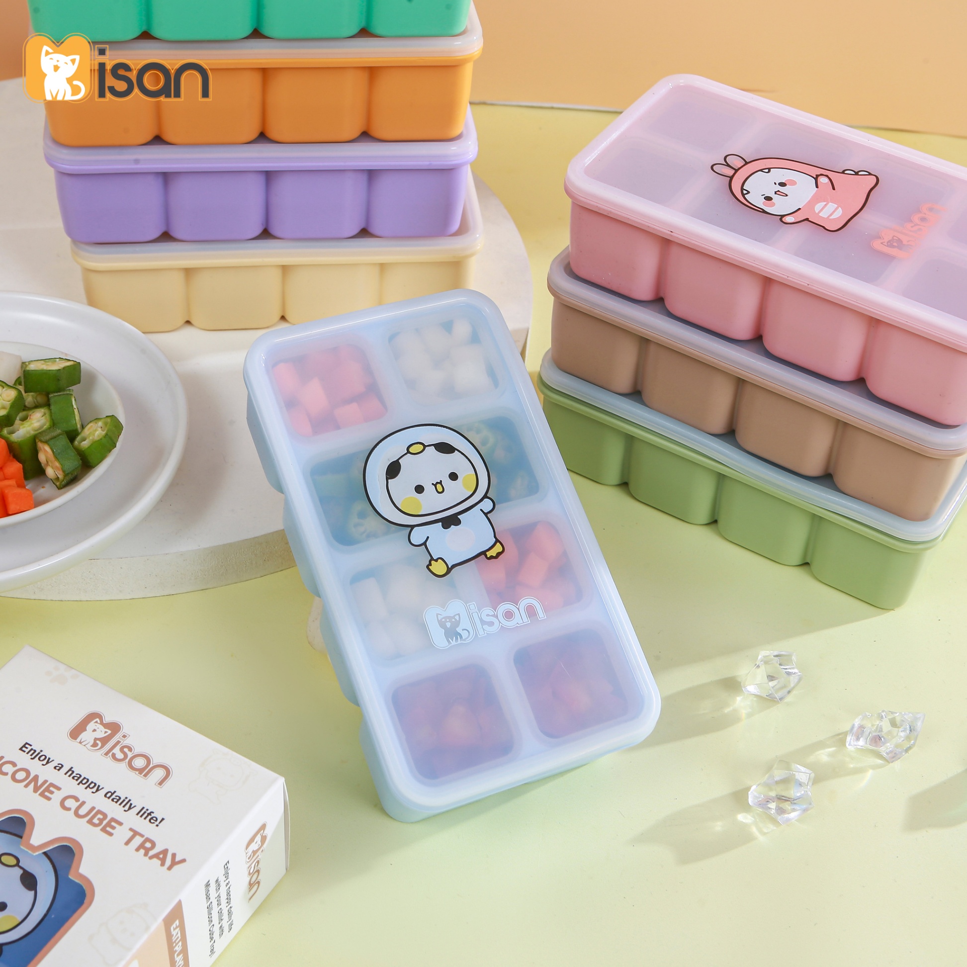 Khay trữ đông đồ ăn dặm silicon Misan Cube 8 ô cho bé có nắp đậy, Hộp trữ đông đồ ăn dặm silicon Misan có vạch chia ml