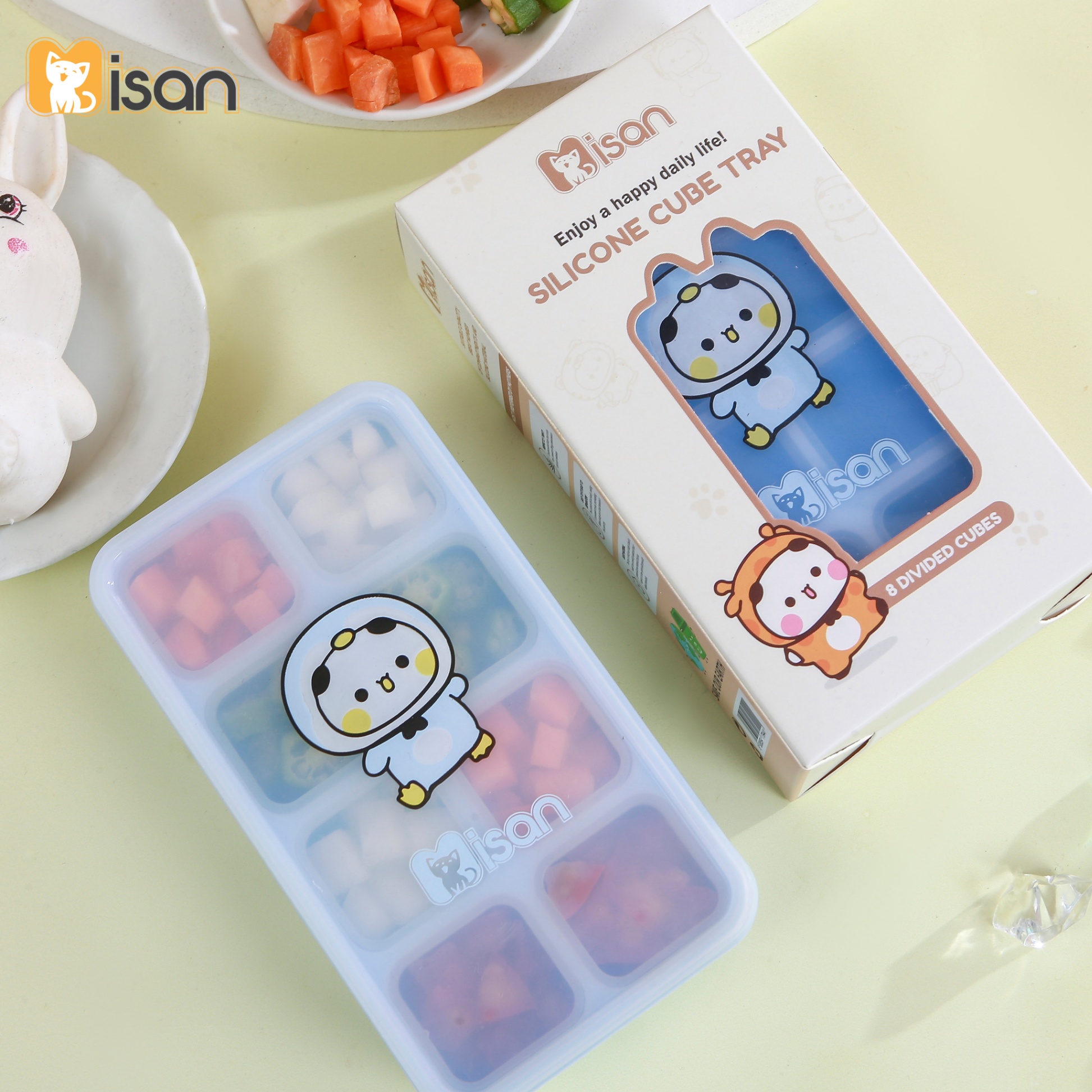 Khay trữ đông đồ ăn dặm silicon Misan Cube 8 ô cho bé có nắp đậy, Hộp trữ đông đồ ăn dặm silicon Misan có vạch chia ml