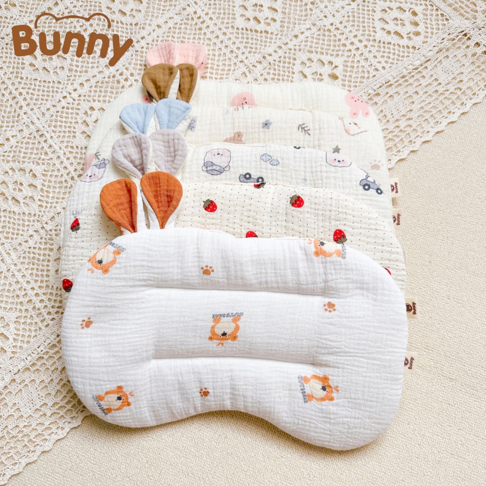 Gối lót đầu cho bé sơ sinh tai thỏ Bunny xô Muslin trần bông mỏng thấm hút mồ hôi đầu giúp bé ngủ ngon ngủ sâu giấc hơn