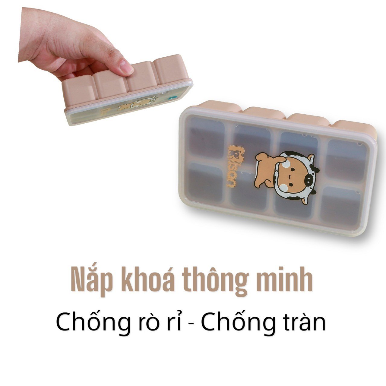 Khay trữ đông đồ ăn dặm silicon Misan Cube 8 ô cho bé có nắp đậy, Hộp trữ đông đồ ăn dặm silicon Misan có vạch chia ml