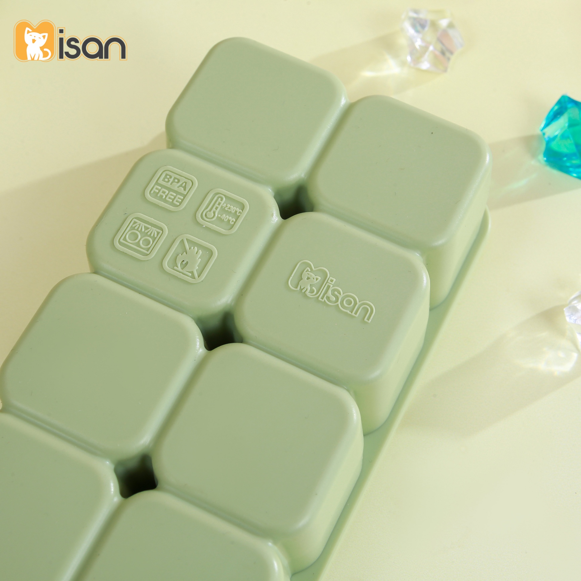 Khay trữ đông đồ ăn dặm silicon Misan Cube 8 ô cho bé có nắp đậy, Hộp trữ đông đồ ăn dặm silicon Misan có vạch chia ml