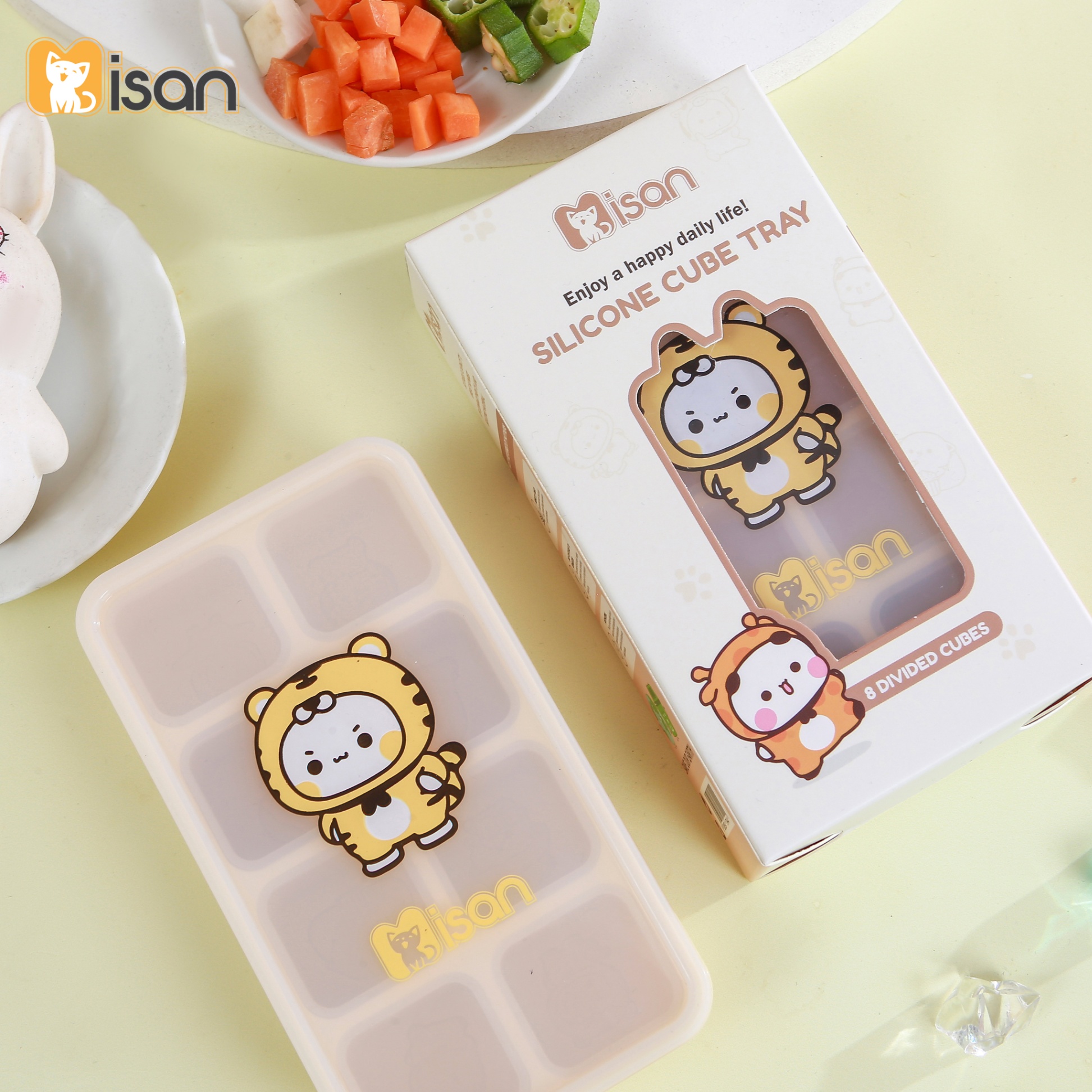 Khay trữ đông đồ ăn dặm silicon Misan Cube 8 ô cho bé có nắp đậy, Hộp trữ đông đồ ăn dặm silicon Misan có vạch chia ml