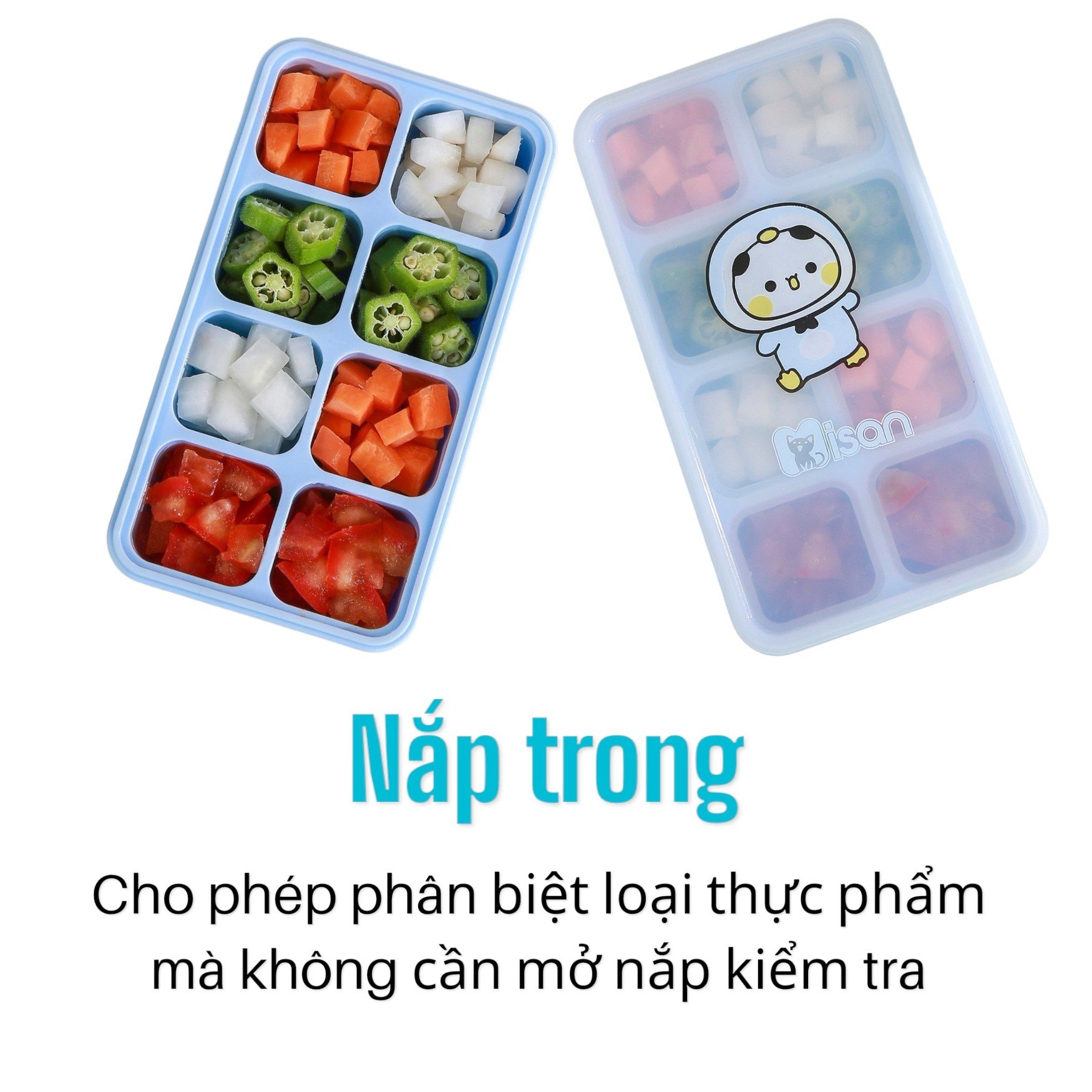 Khay trữ đông đồ ăn dặm silicon Misan Cube 8 ô cho bé có nắp đậy, Hộp trữ đông đồ ăn dặm silicon Misan có vạch chia ml