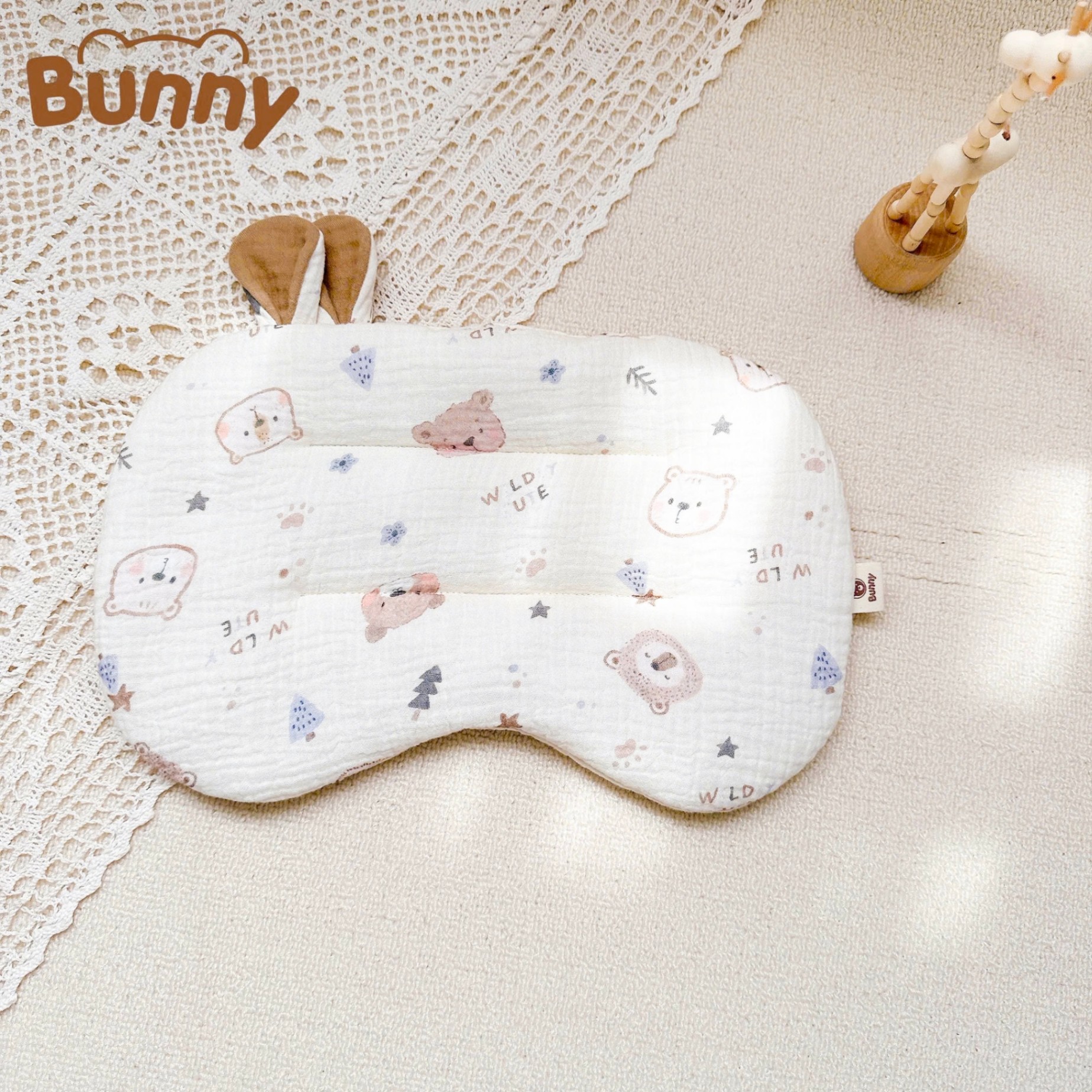 Gối lót đầu cho bé sơ sinh tai thỏ Bunny xô Muslin trần bông mỏng thấm hút mồ hôi đầu giúp bé ngủ ngon ngủ sâu giấc hơn