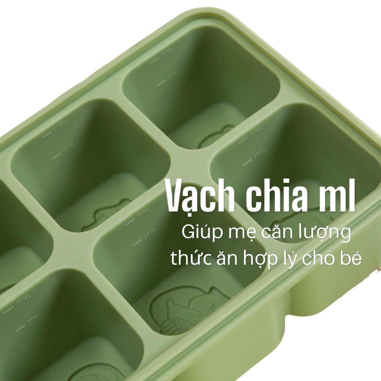 Khay trữ đông đồ ăn dặm silicon Misan Cube 8 ô cho bé có nắp đậy, Hộp trữ đông đồ ăn dặm silicon Misan có vạch chia ml