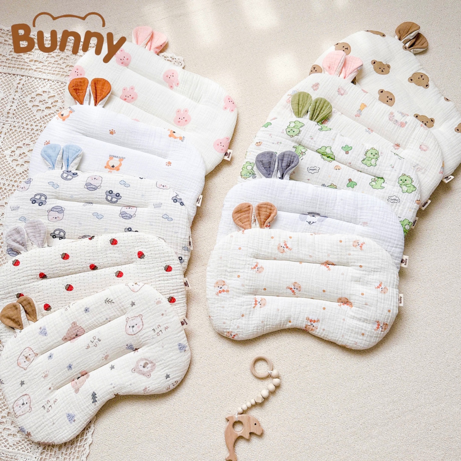 Gối lót đầu cho bé sơ sinh tai thỏ Bunny xô Muslin trần bông mỏng thấm hút mồ hôi đầu giúp bé ngủ ngon ngủ sâu giấc hơn