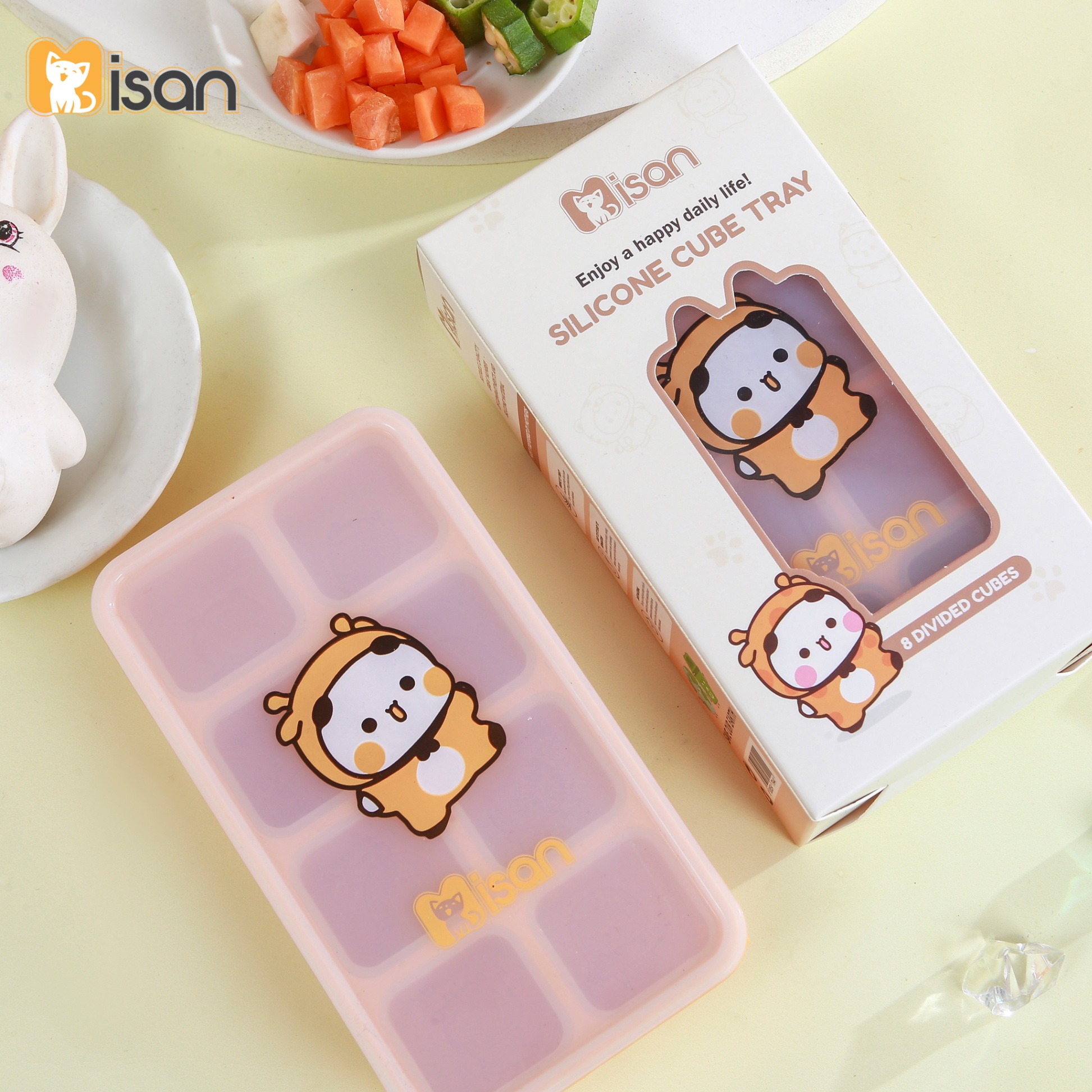 Khay trữ đông đồ ăn dặm silicon Misan Cube 8 ô cho bé có nắp đậy, Hộp trữ đông đồ ăn dặm silicon Misan có vạch chia ml