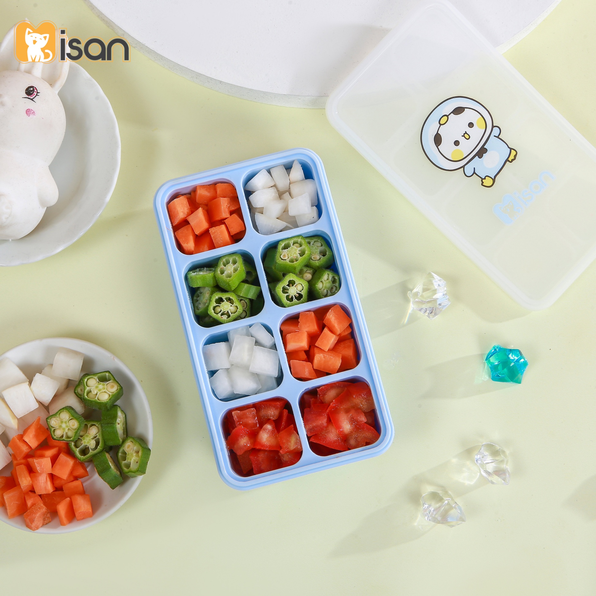 Khay trữ đông đồ ăn dặm silicon Misan Cube 8 ô cho bé có nắp đậy, Hộp trữ đông đồ ăn dặm silicon Misan có vạch chia ml