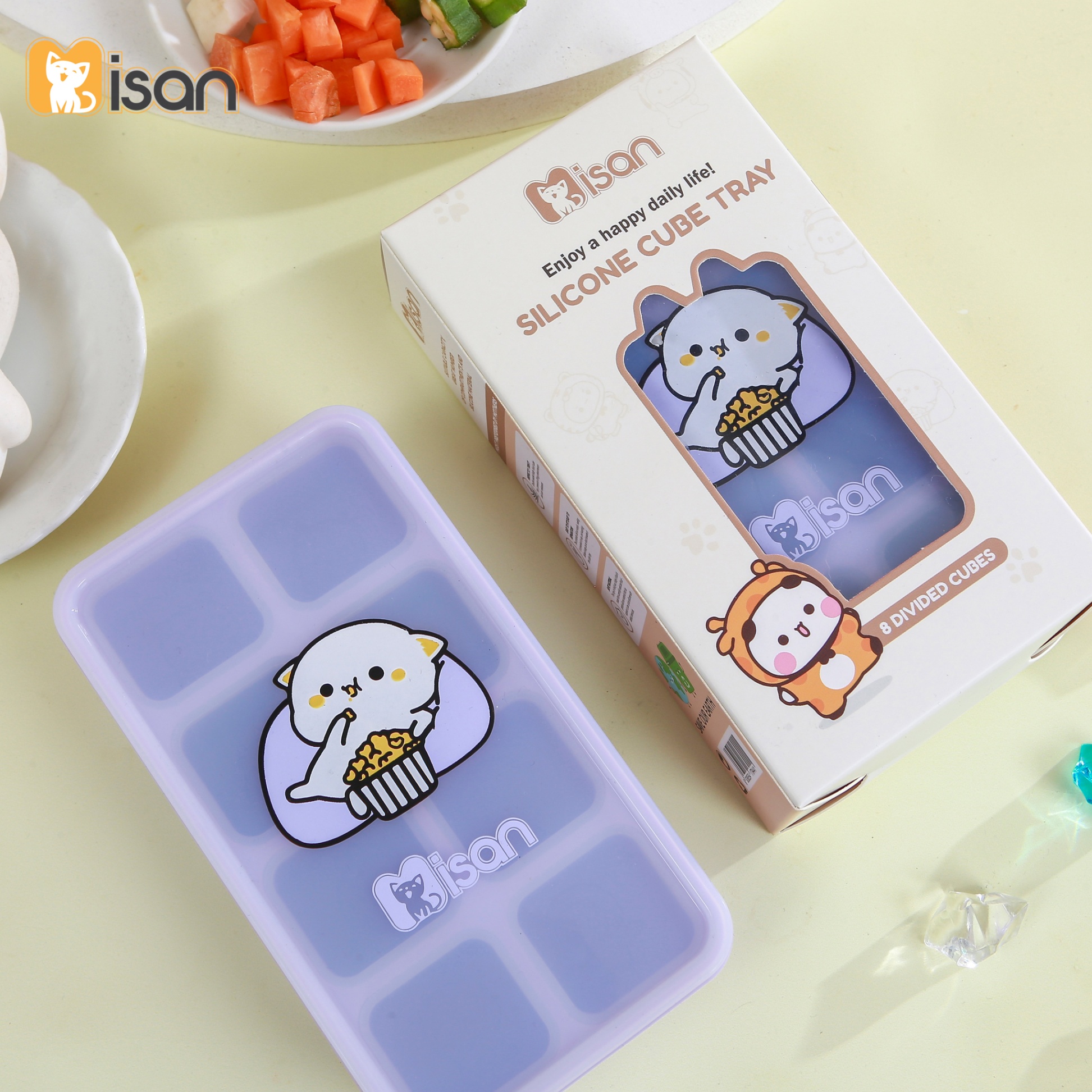 Khay trữ đông đồ ăn dặm silicon Misan Cube 8 ô cho bé có nắp đậy, Hộp trữ đông đồ ăn dặm silicon Misan có vạch chia ml