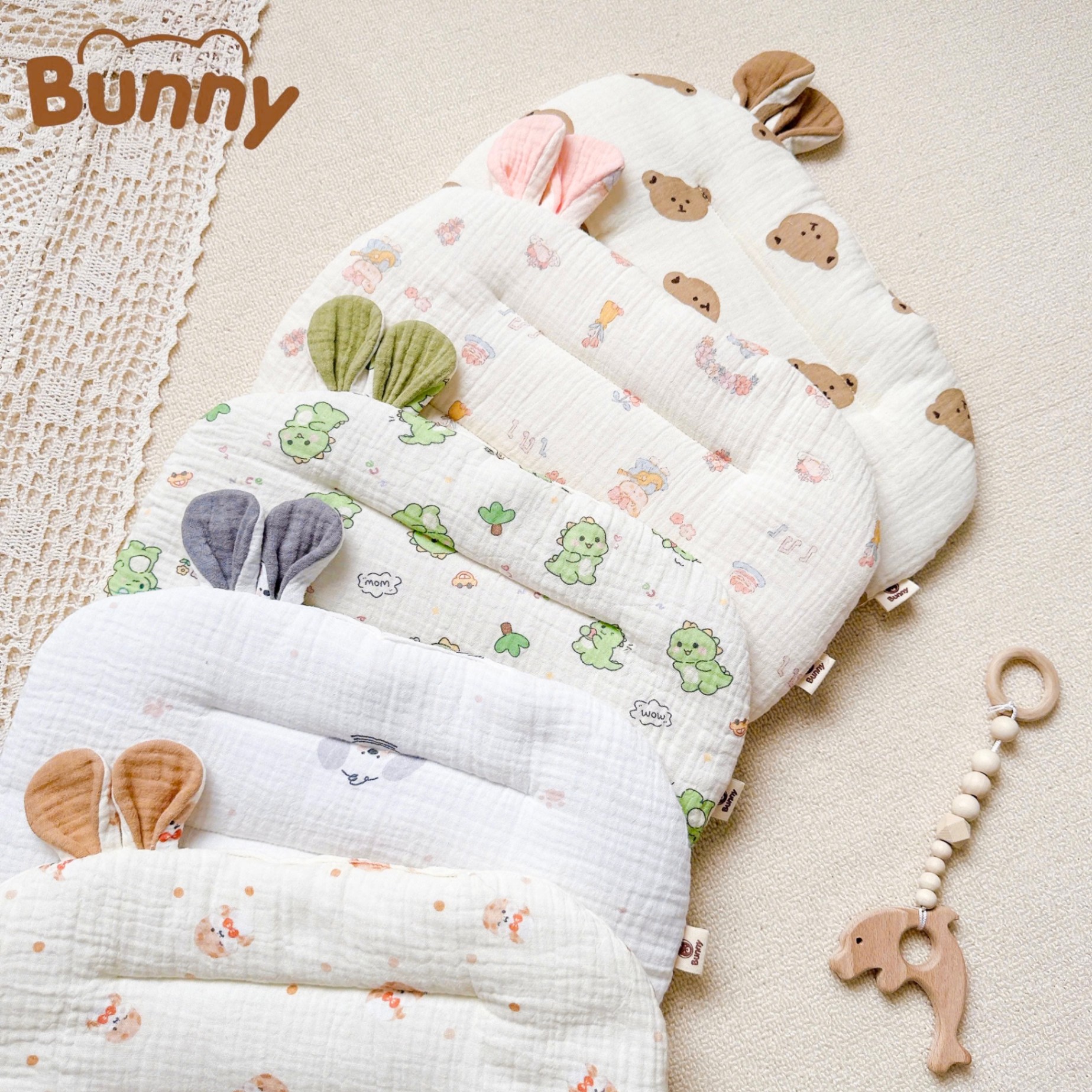 Gối lót đầu cho bé sơ sinh tai thỏ Bunny xô Muslin trần bông mỏng thấm hút mồ hôi đầu giúp bé ngủ ngon ngủ sâu giấc hơn