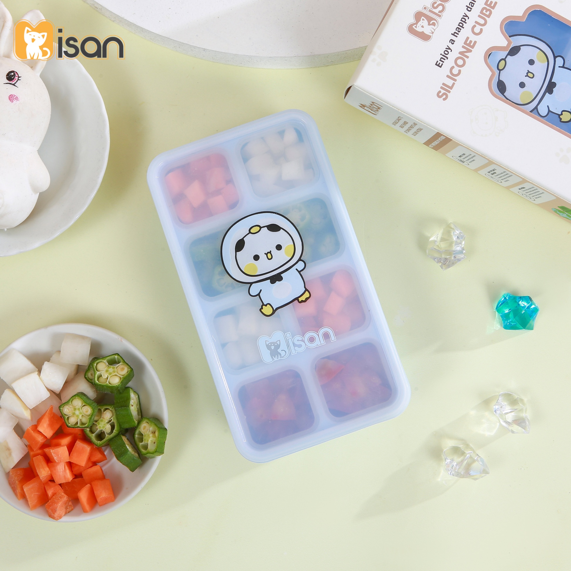 Khay trữ đông đồ ăn dặm silicon Misan Cube 8 ô cho bé có nắp đậy, Hộp trữ đông đồ ăn dặm silicon Misan có vạch chia ml