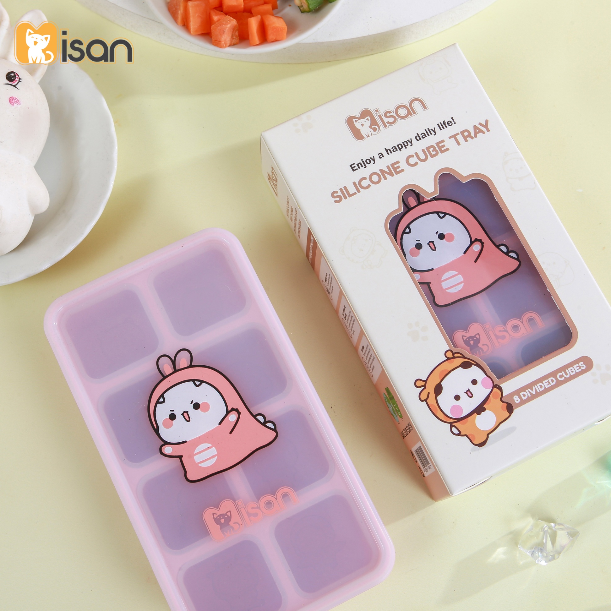 Khay trữ đông đồ ăn dặm silicon Misan Cube 8 ô cho bé có nắp đậy, Hộp trữ đông đồ ăn dặm silicon Misan có vạch chia ml