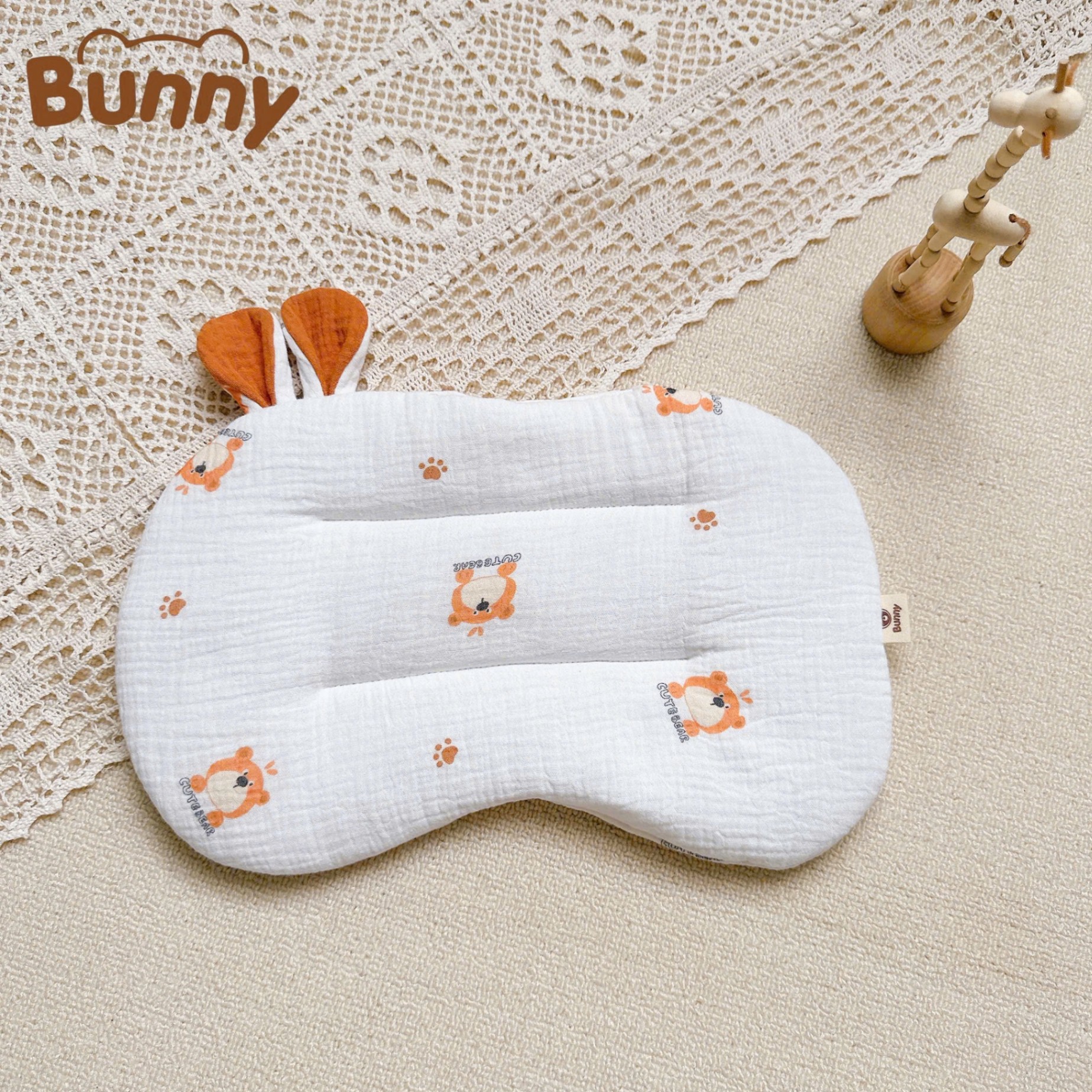 Gối lót đầu cho bé sơ sinh tai thỏ Bunny xô Muslin trần bông mỏng thấm hút mồ hôi đầu giúp bé ngủ ngon ngủ sâu giấc hơn
