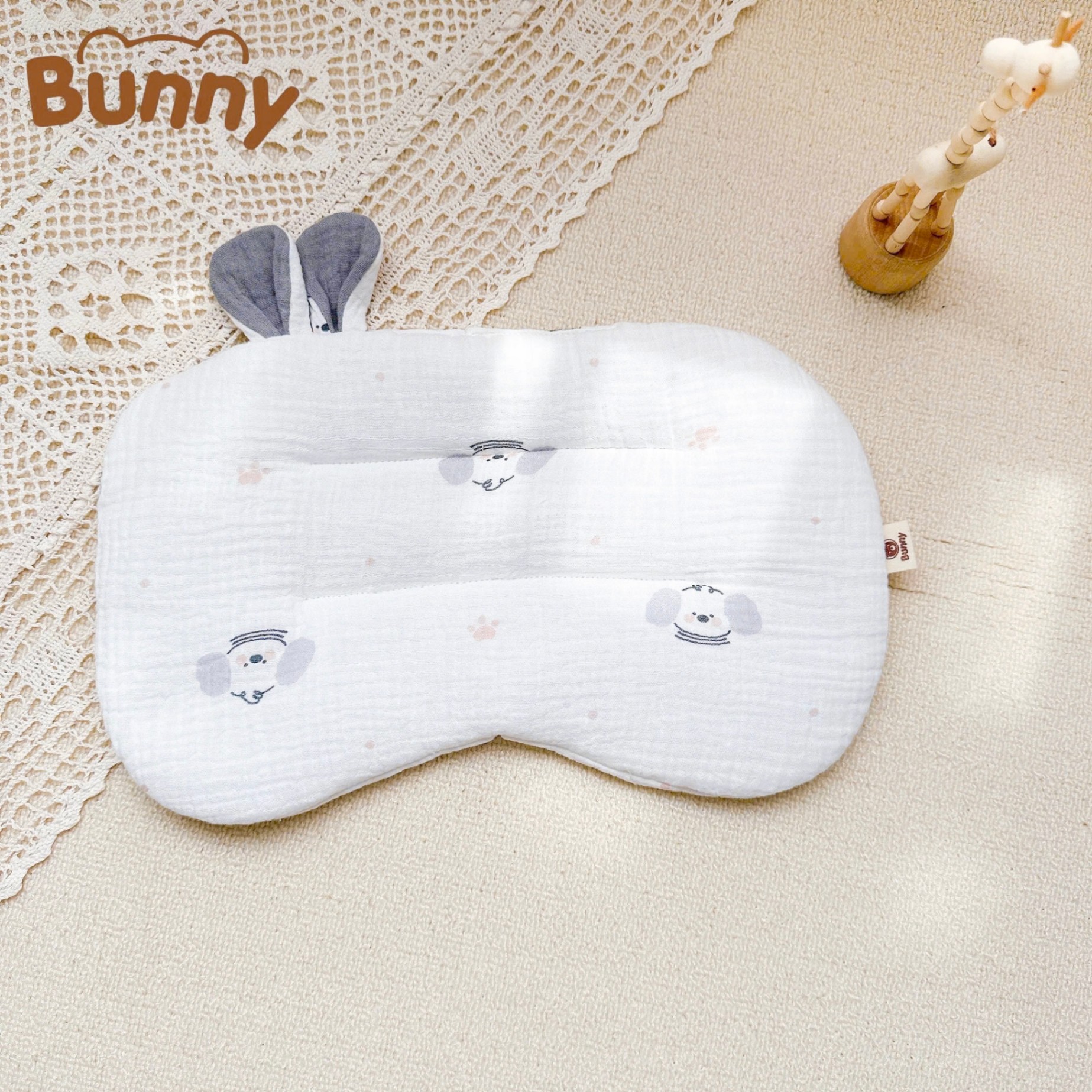 Gối lót đầu cho bé sơ sinh tai thỏ Bunny xô Muslin trần bông mỏng thấm hút mồ hôi đầu giúp bé ngủ ngon ngủ sâu giấc hơn