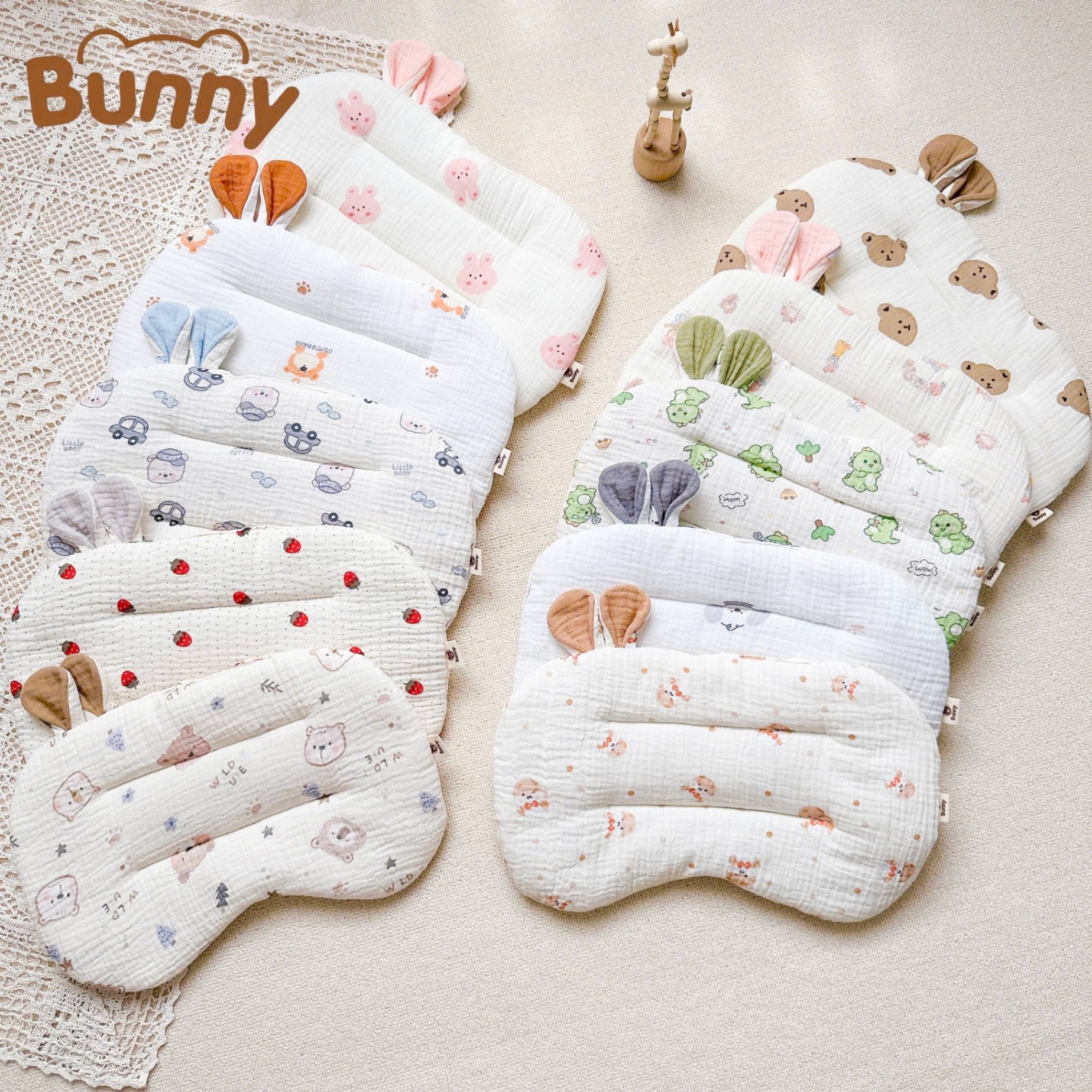 Gối lót đầu cho bé sơ sinh tai thỏ Bunny xô Muslin trần bông mỏng thấm hút mồ hôi đầu giúp bé ngủ ngon ngủ sâu giấc hơn