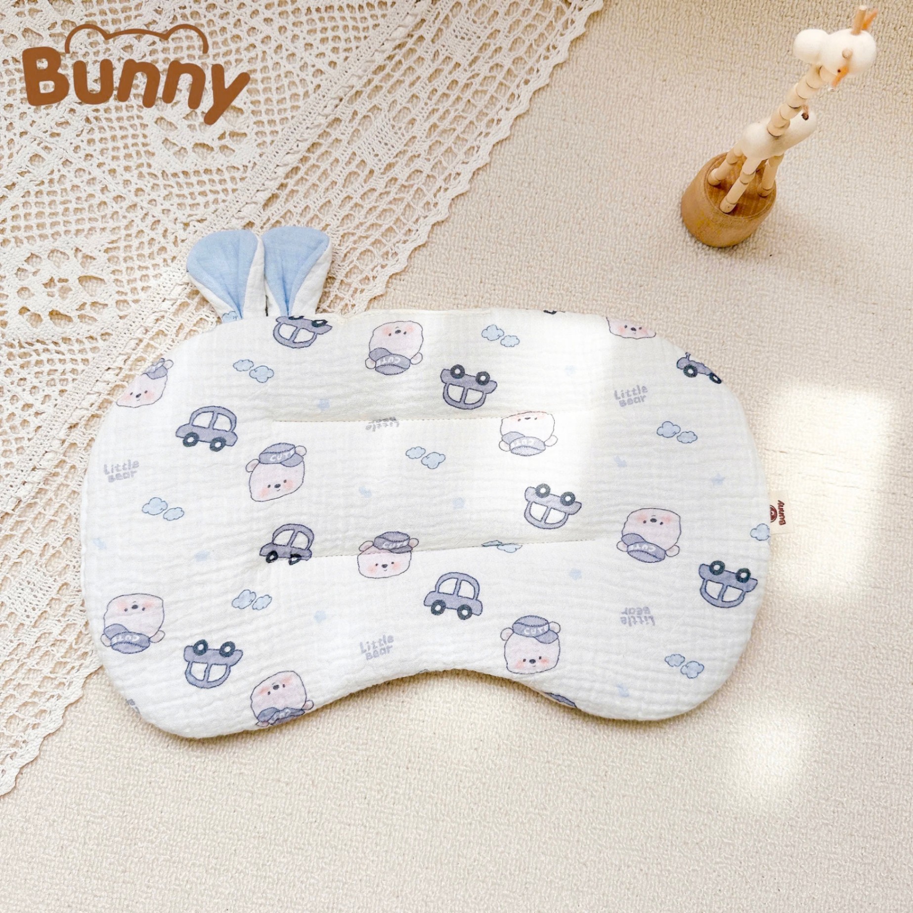 Gối lót đầu cho bé sơ sinh tai thỏ Bunny xô Muslin trần bông mỏng thấm hút mồ hôi đầu giúp bé ngủ ngon ngủ sâu giấc hơn