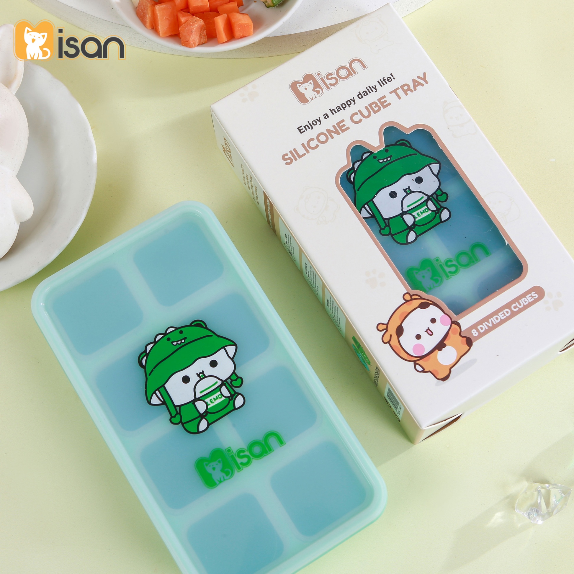 Khay trữ đông đồ ăn dặm silicon Misan Cube 8 ô cho bé có nắp đậy, Hộp trữ đông đồ ăn dặm silicon Misan có vạch chia ml