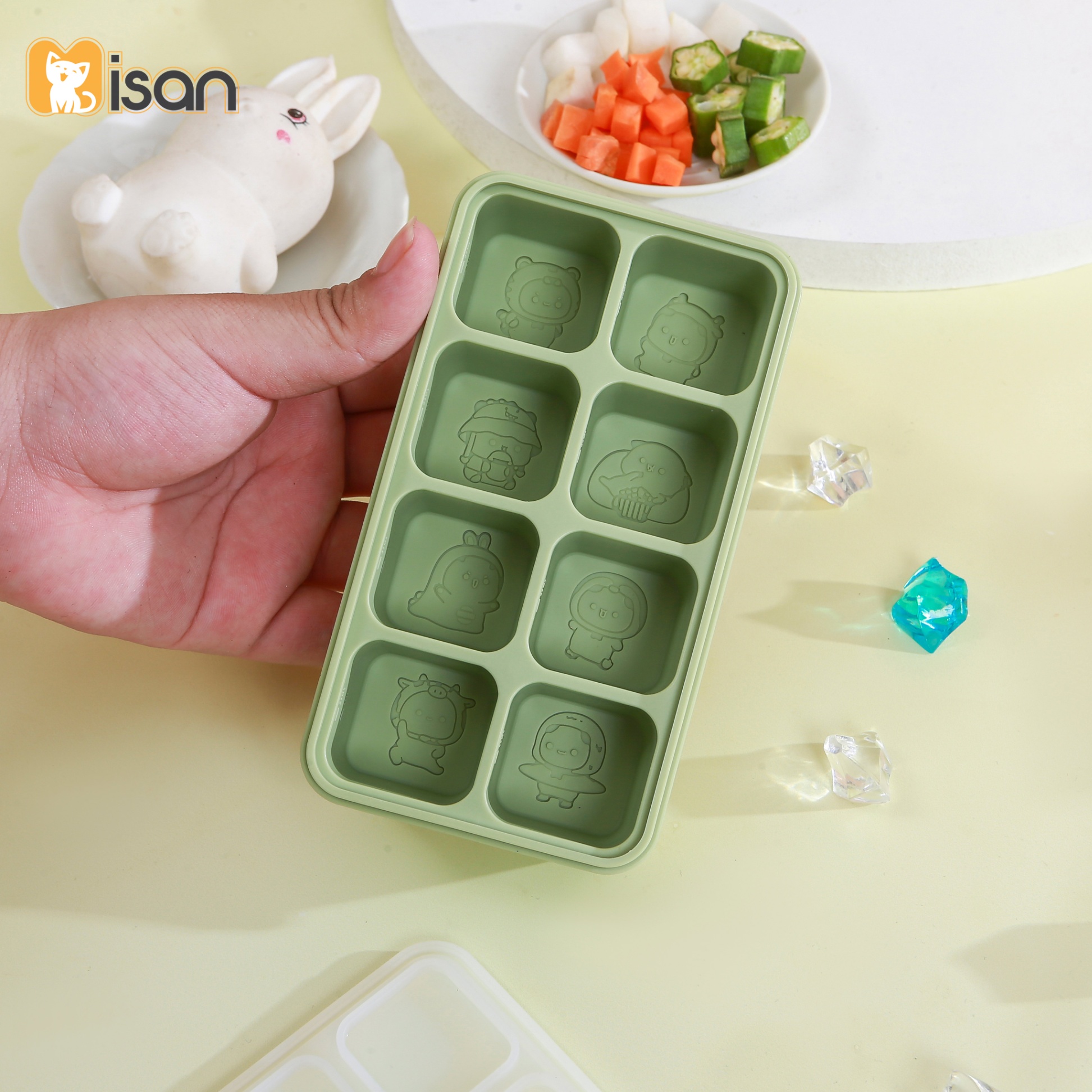 Khay trữ đông đồ ăn dặm silicon Misan Cube 8 ô cho bé có nắp đậy, Hộp trữ đông đồ ăn dặm silicon Misan có vạch chia ml