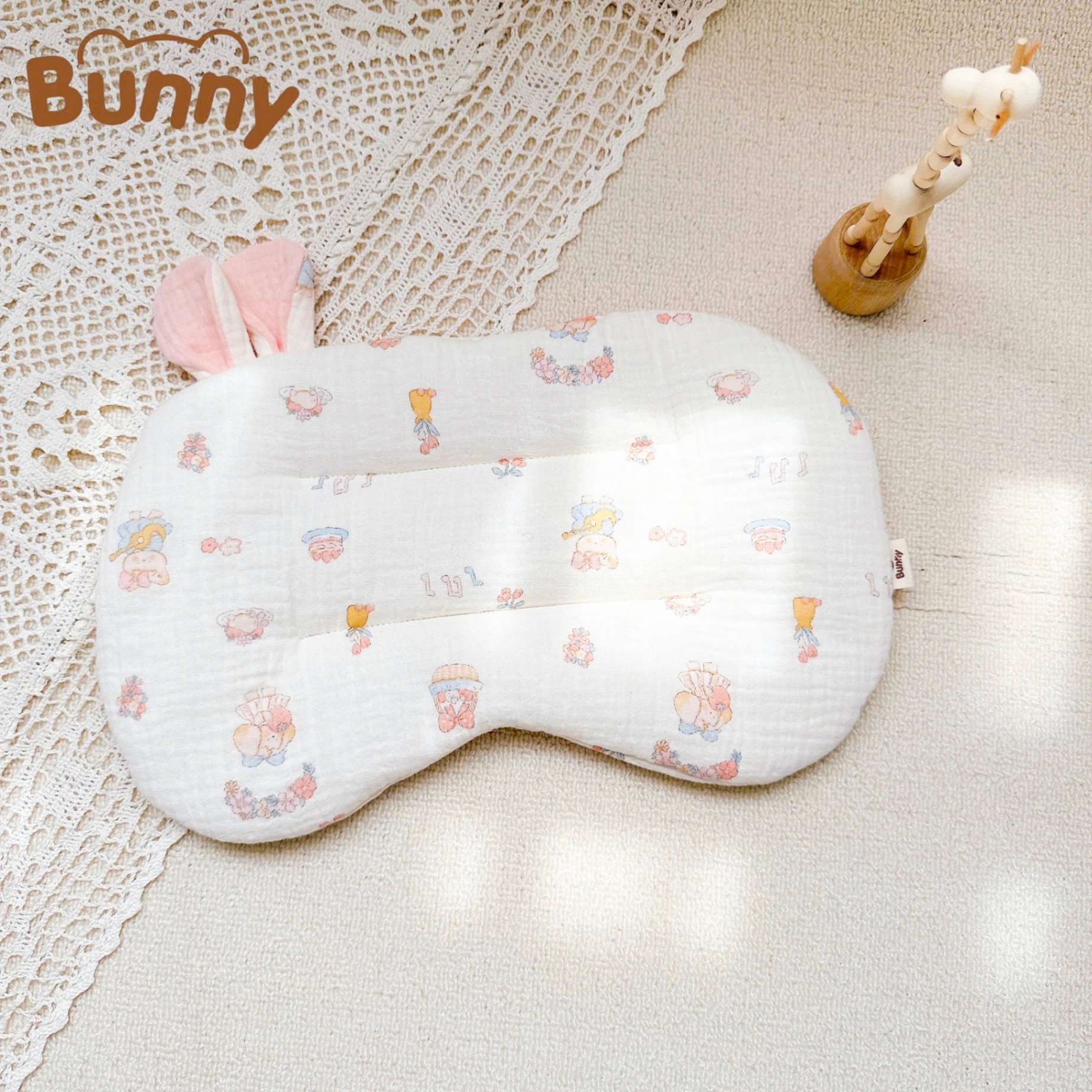Gối lót đầu cho bé sơ sinh tai thỏ Bunny xô Muslin trần bông mỏng thấm hút mồ hôi đầu giúp bé ngủ ngon ngủ sâu giấc hơn