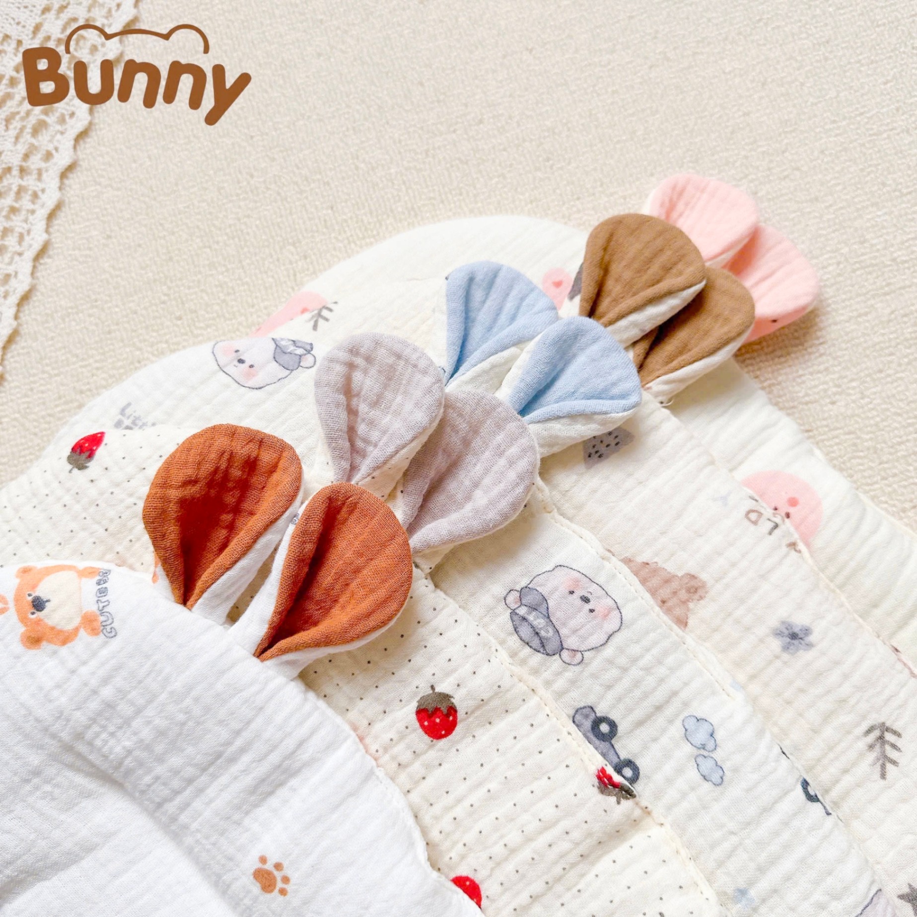 Gối lót đầu cho bé sơ sinh tai thỏ Bunny xô Muslin trần bông mỏng thấm hút mồ hôi đầu giúp bé ngủ ngon ngủ sâu giấc hơn