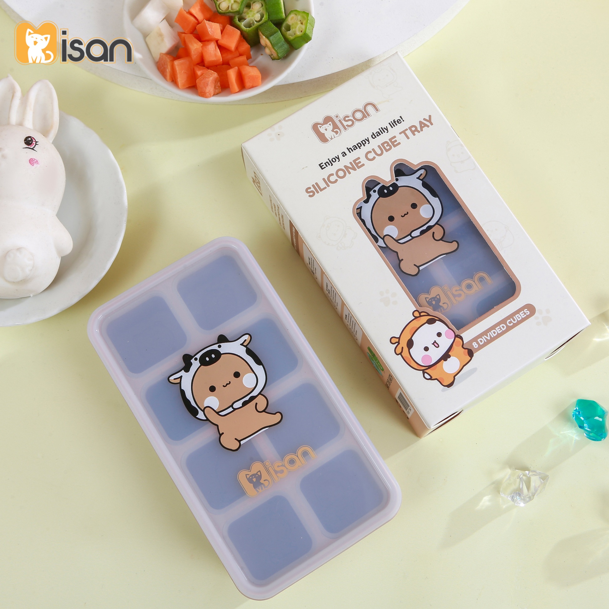 Khay trữ đông đồ ăn dặm silicon Misan Cube 8 ô cho bé có nắp đậy, Hộp trữ đông đồ ăn dặm silicon Misan có vạch chia ml