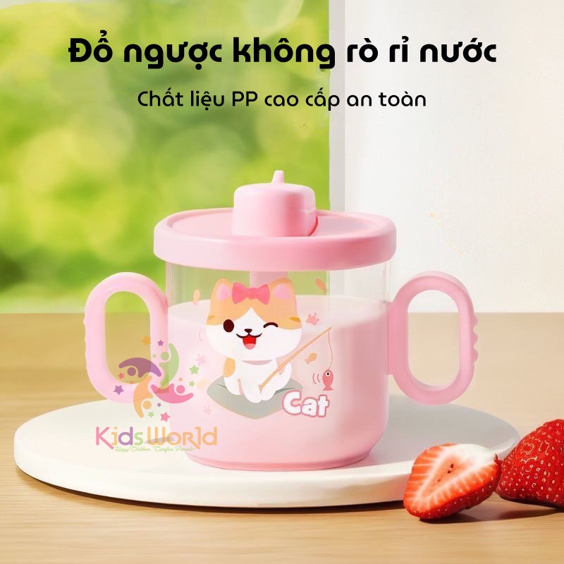 Cốc tập uống cho bé KidsWorld kiểu dáng hoạt hình dung tích 300ml có ống hút và 2 tay cầm có thể tháo rời