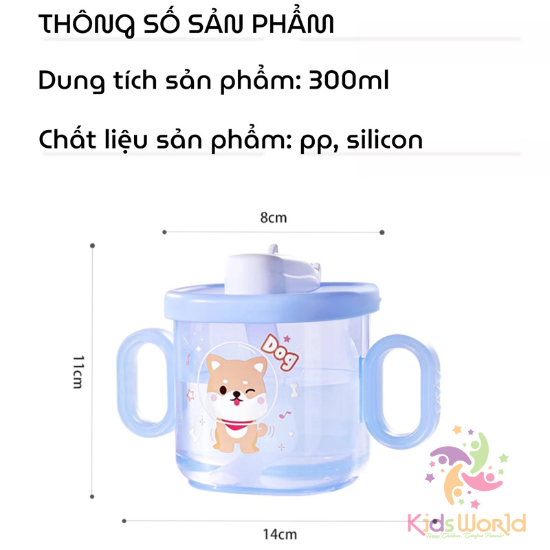 Cốc tập uống cho bé KidsWorld kiểu dáng hoạt hình dung tích 300ml có ống hút và 2 tay cầm có thể tháo rời