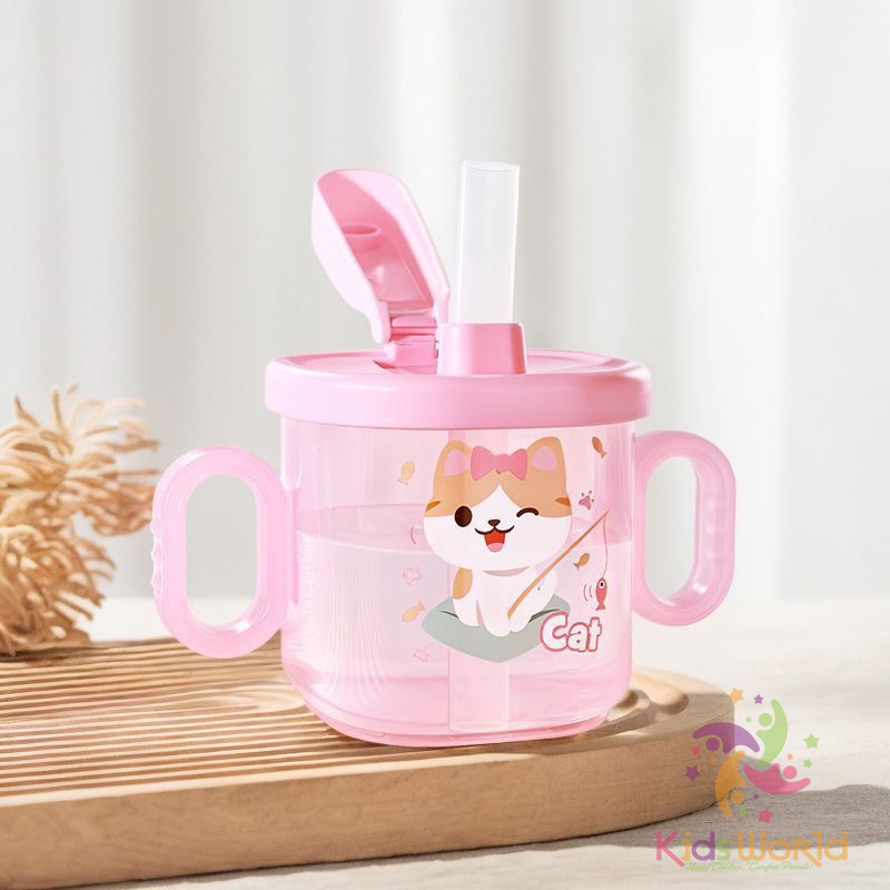 Cốc tập uống cho bé KidsWorld kiểu dáng hoạt hình dung tích 300ml có ống hút và 2 tay cầm có thể tháo rời
